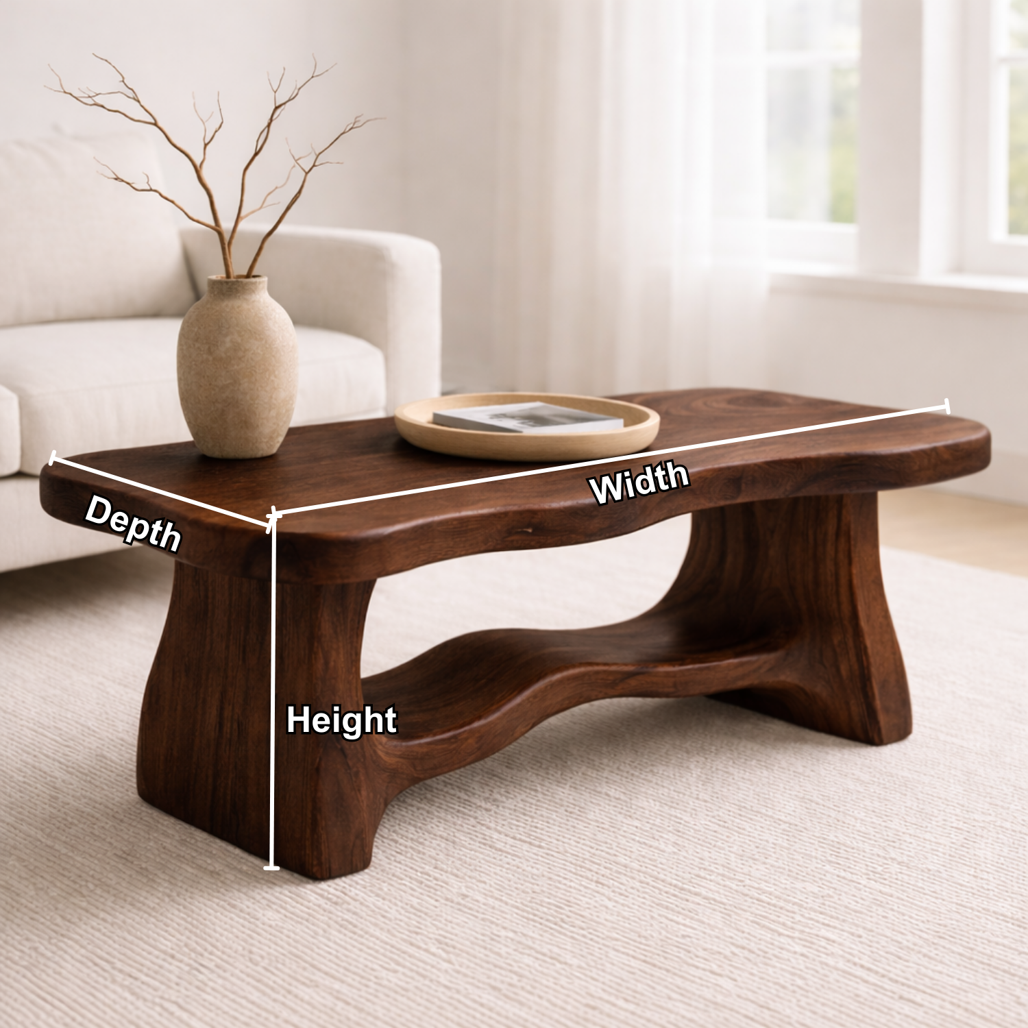 Solid Wood Coffee Table with Organic Curved Base – Rustic Modern Living Room Table