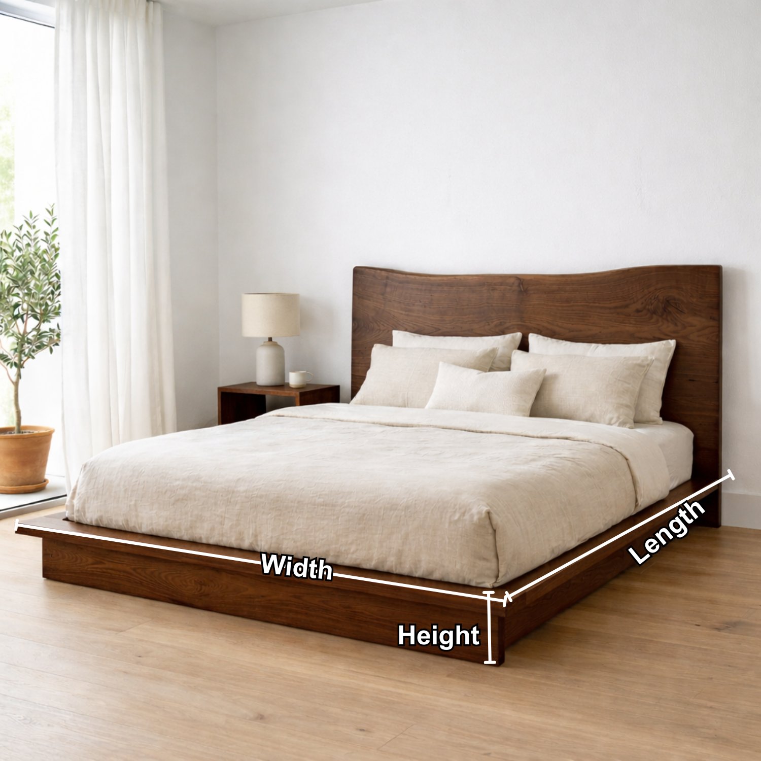 Solid Wood Platform Bed Frame with Curved Headboard – Low Profile Design