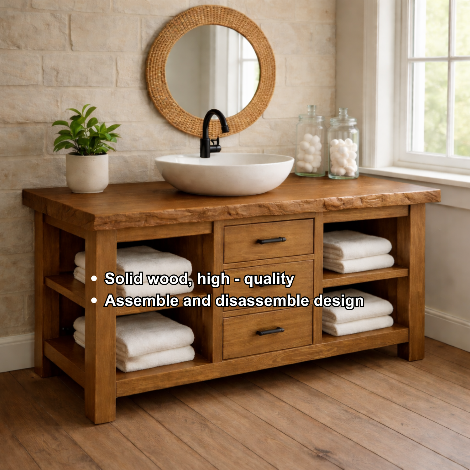 Live Edge Solid Wood Bathroom Vanity with 3 Drawers & Open Shelves