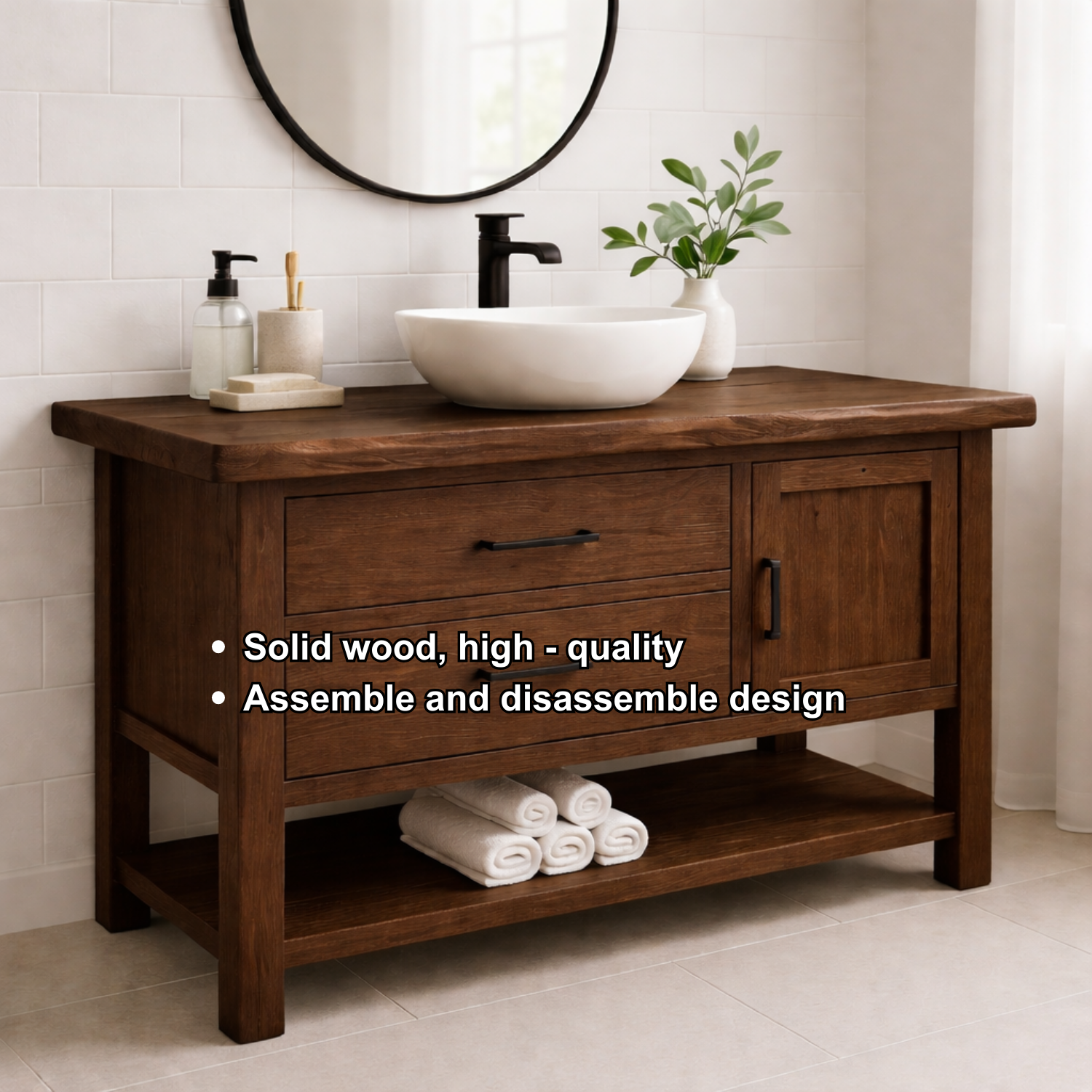 Solid Wood Bathroom Vanity with 2 Drawers, Cabinet Door & Open Shelf