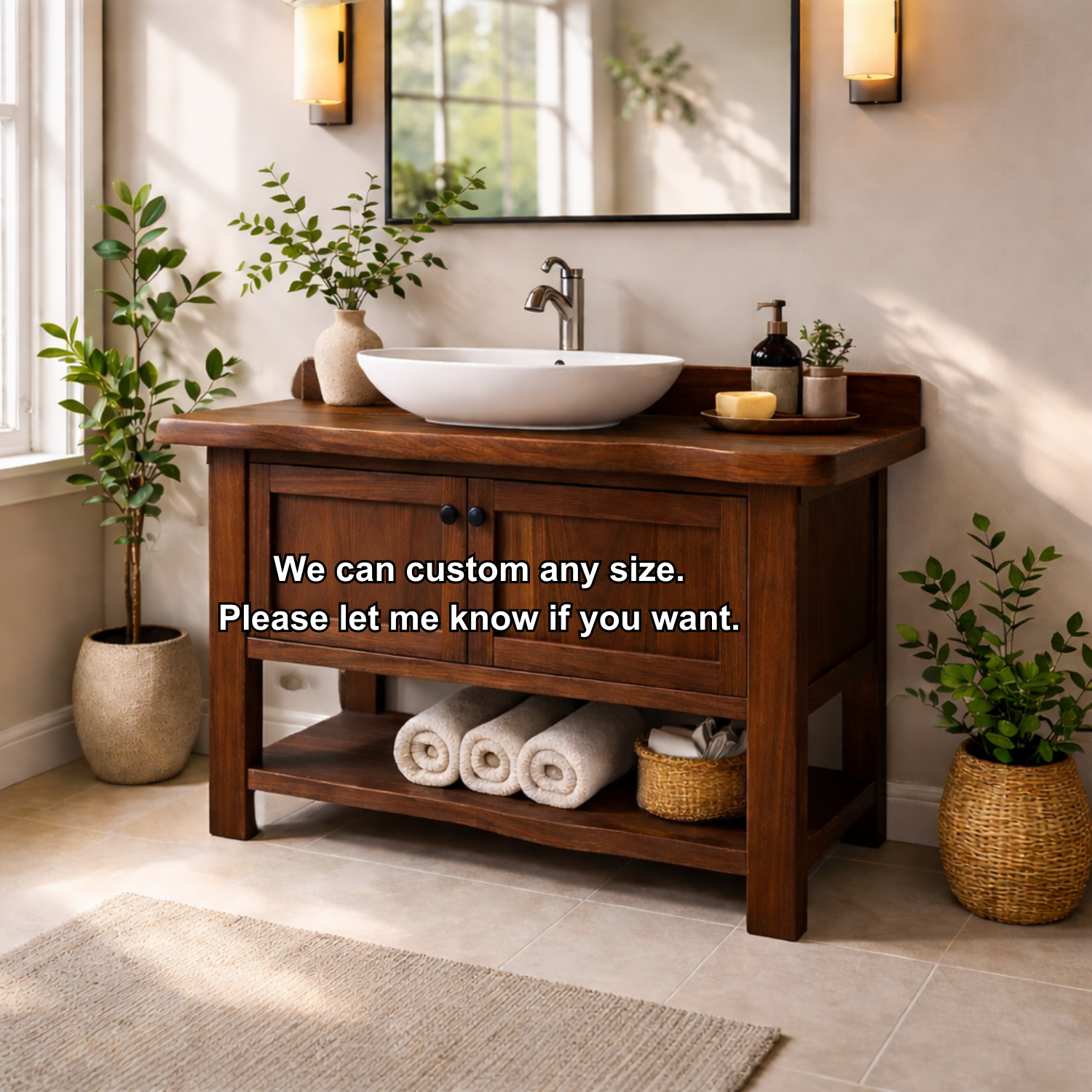 Solid Wood Bathroom Vanity with Double Doors & Open Shelf Storage