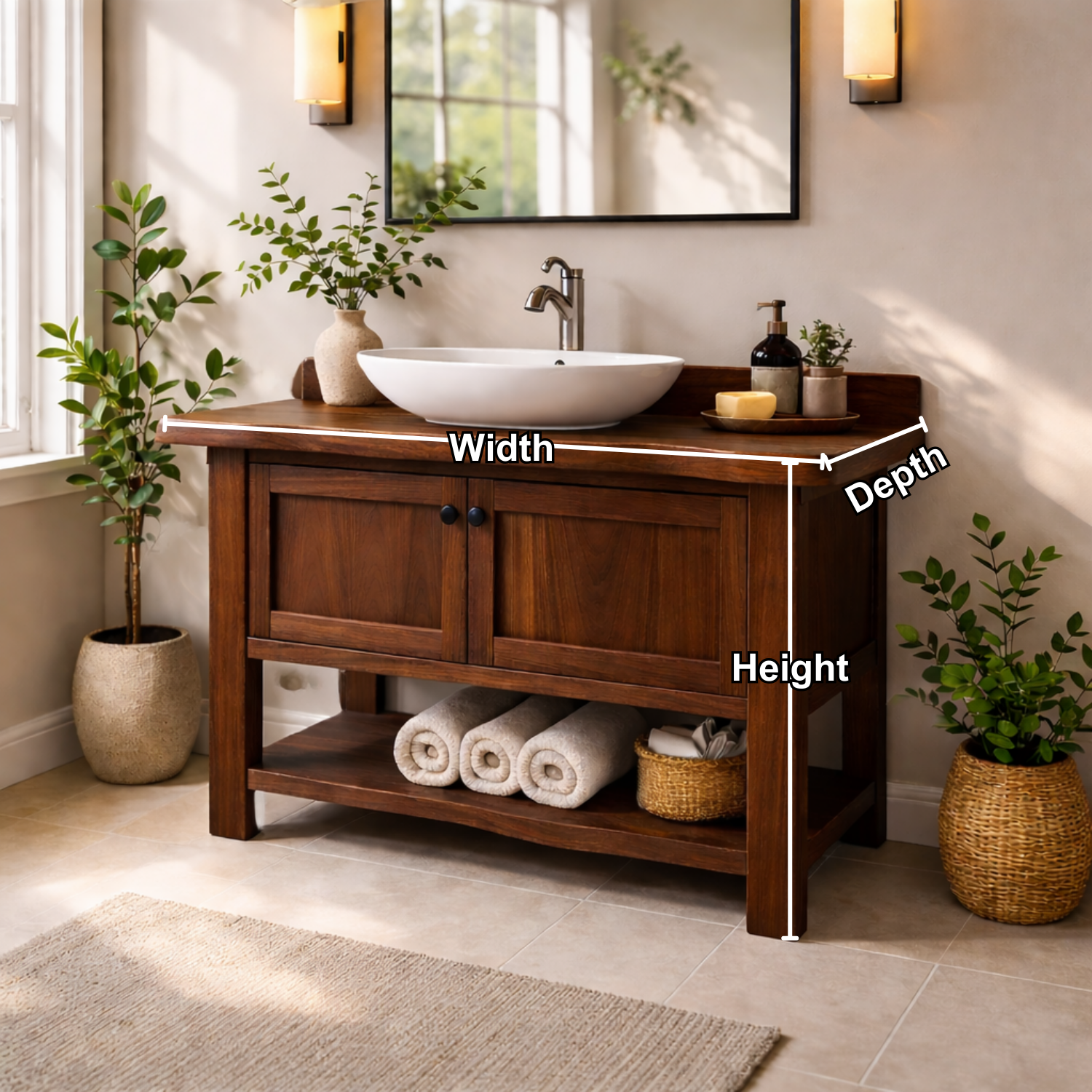 Solid Wood Bathroom Vanity with Double Doors & Open Shelf Storage