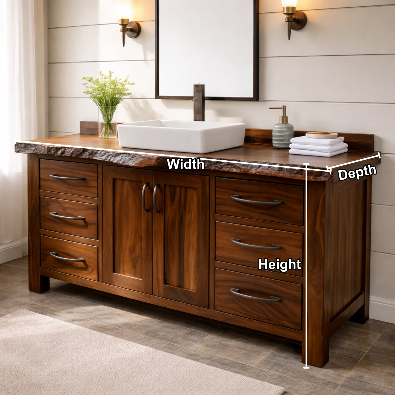 Live Edge Solid Wood Bathroom Vanity with 6 Drawers & Double Doors