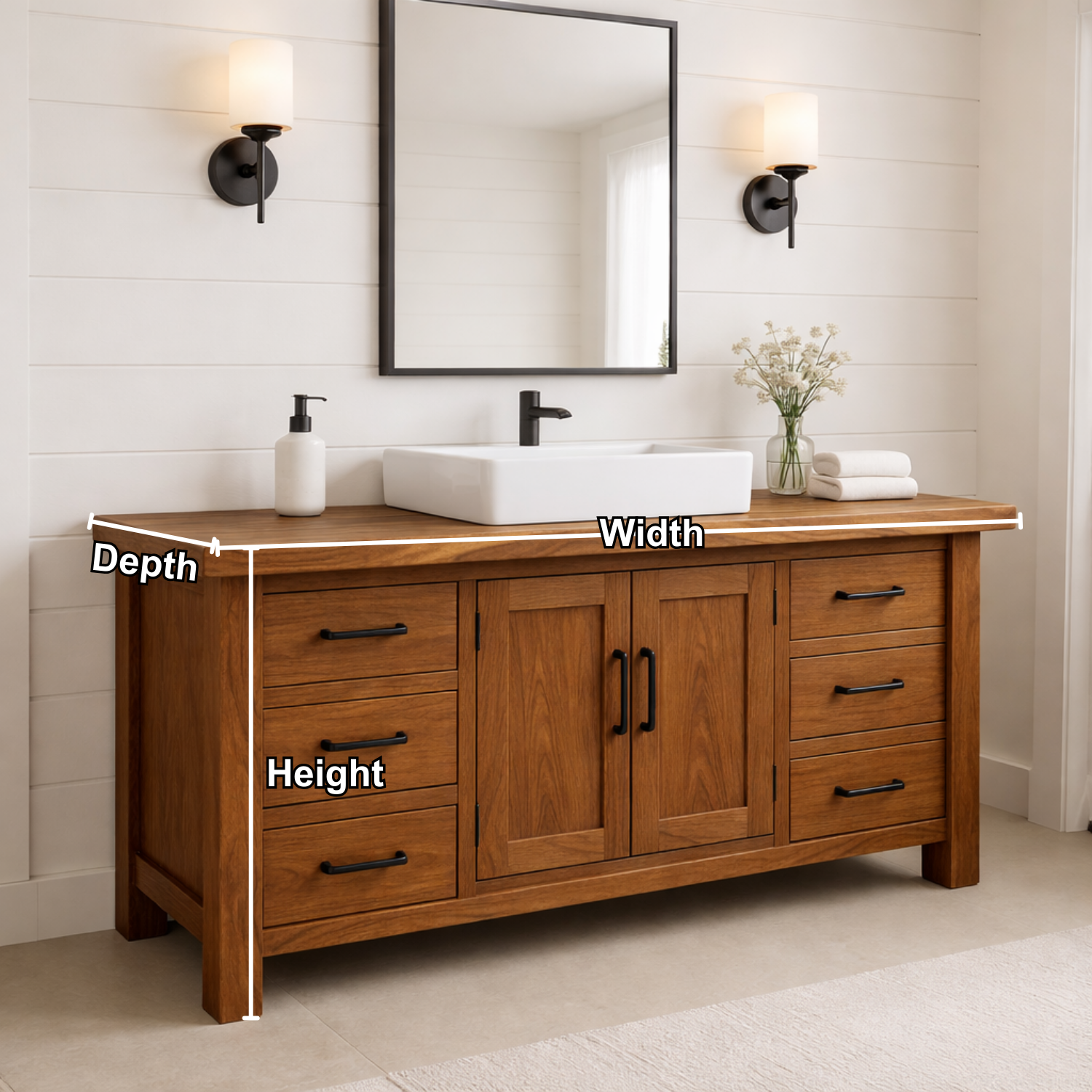 Solid Wood Bathroom Vanity with 6 Drawers & Double Door Cabinet
