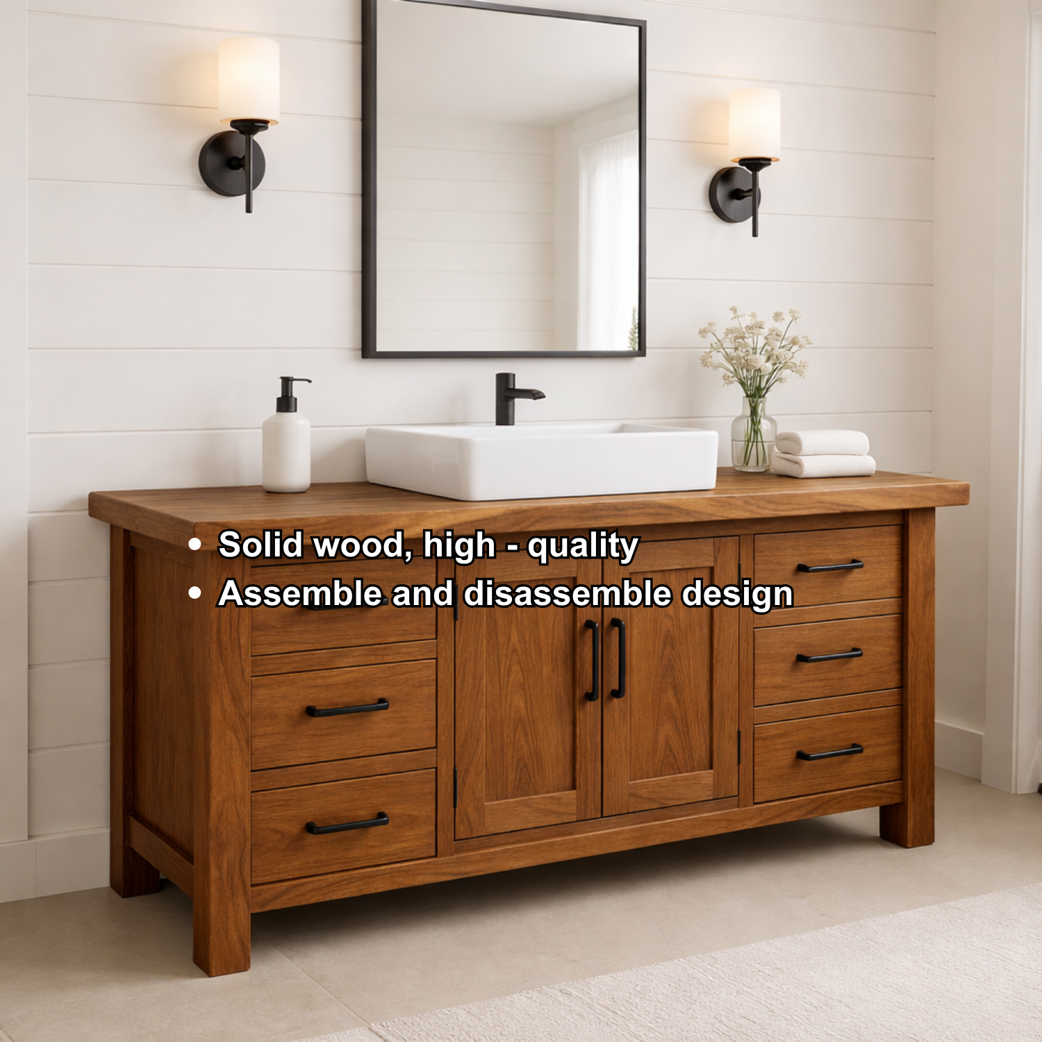 Solid Wood Bathroom Vanity with 6 Drawers & Double Door Cabinet
