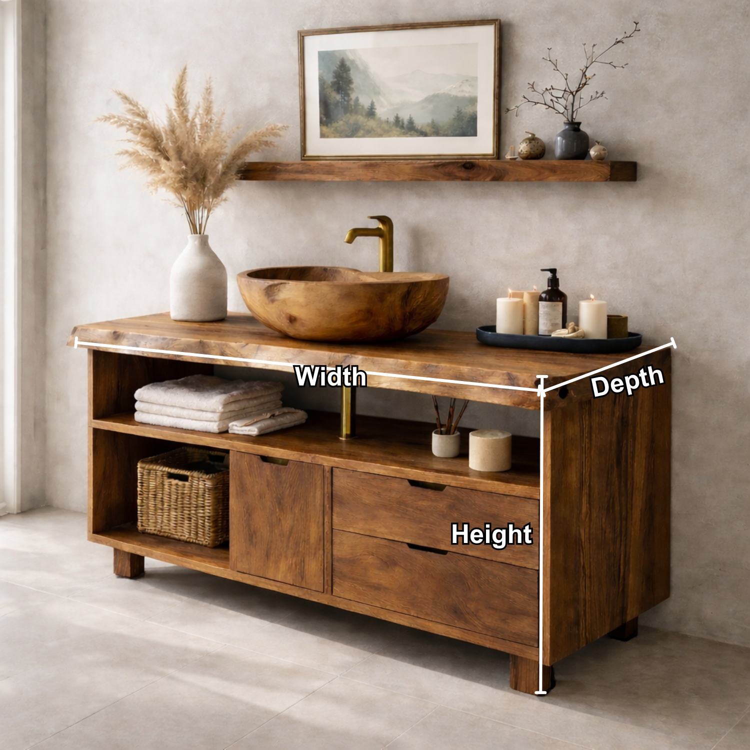 Solid Wood Bathroom Vanity with Live Edge Top & Open Shelf Storage