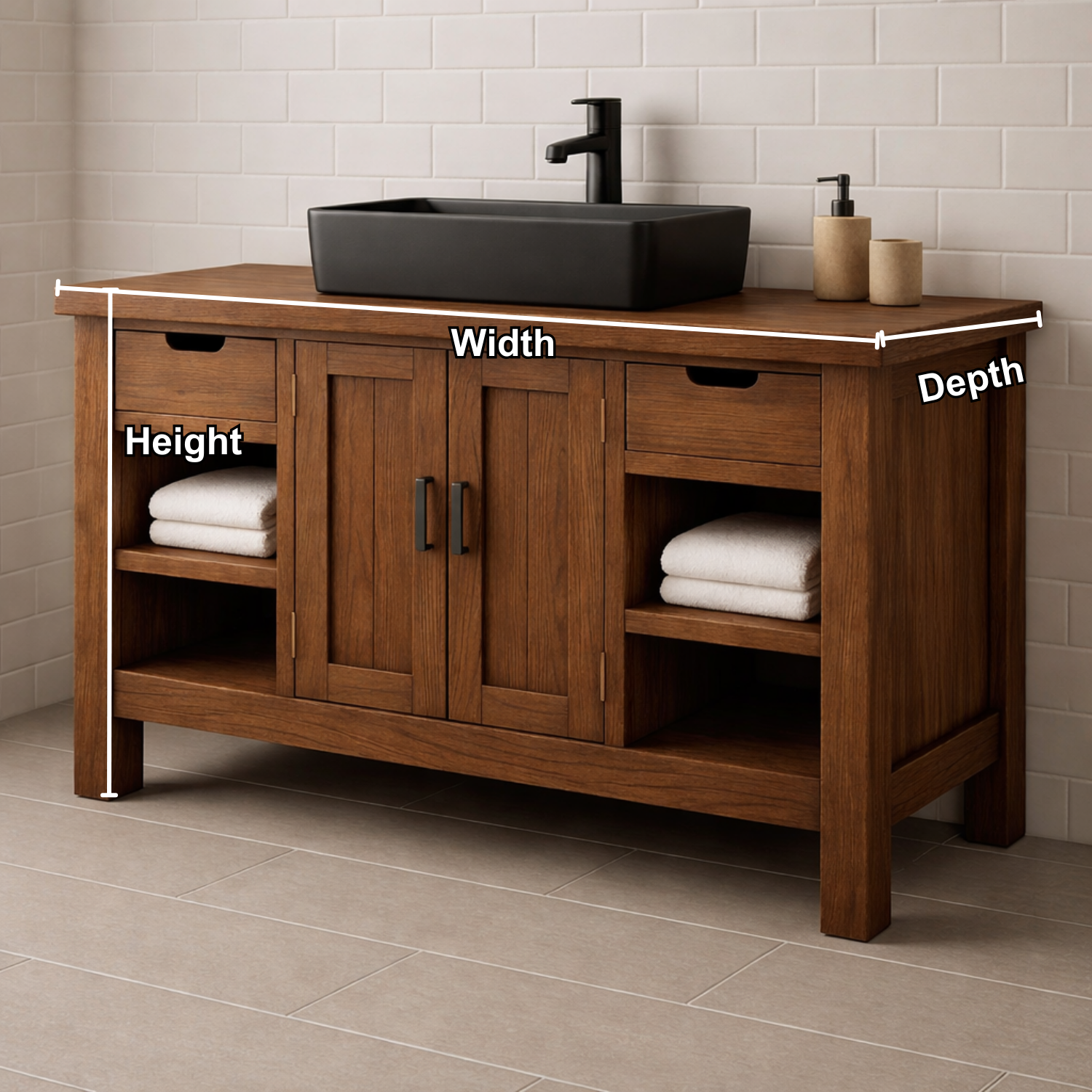 Solid Wood Bathroom Vanity with Drawers, Cabinet & Open Shelf Storage