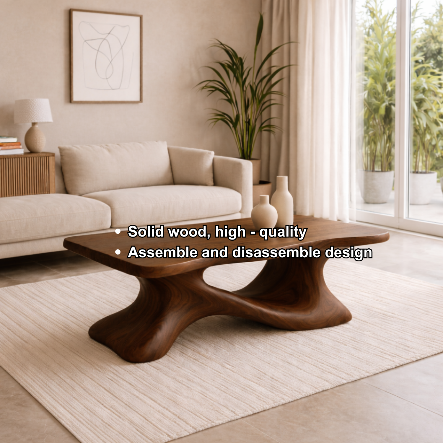 Solid Wood Sculptural Coffee Table with Organic Curved Base – Modern Living Room Table