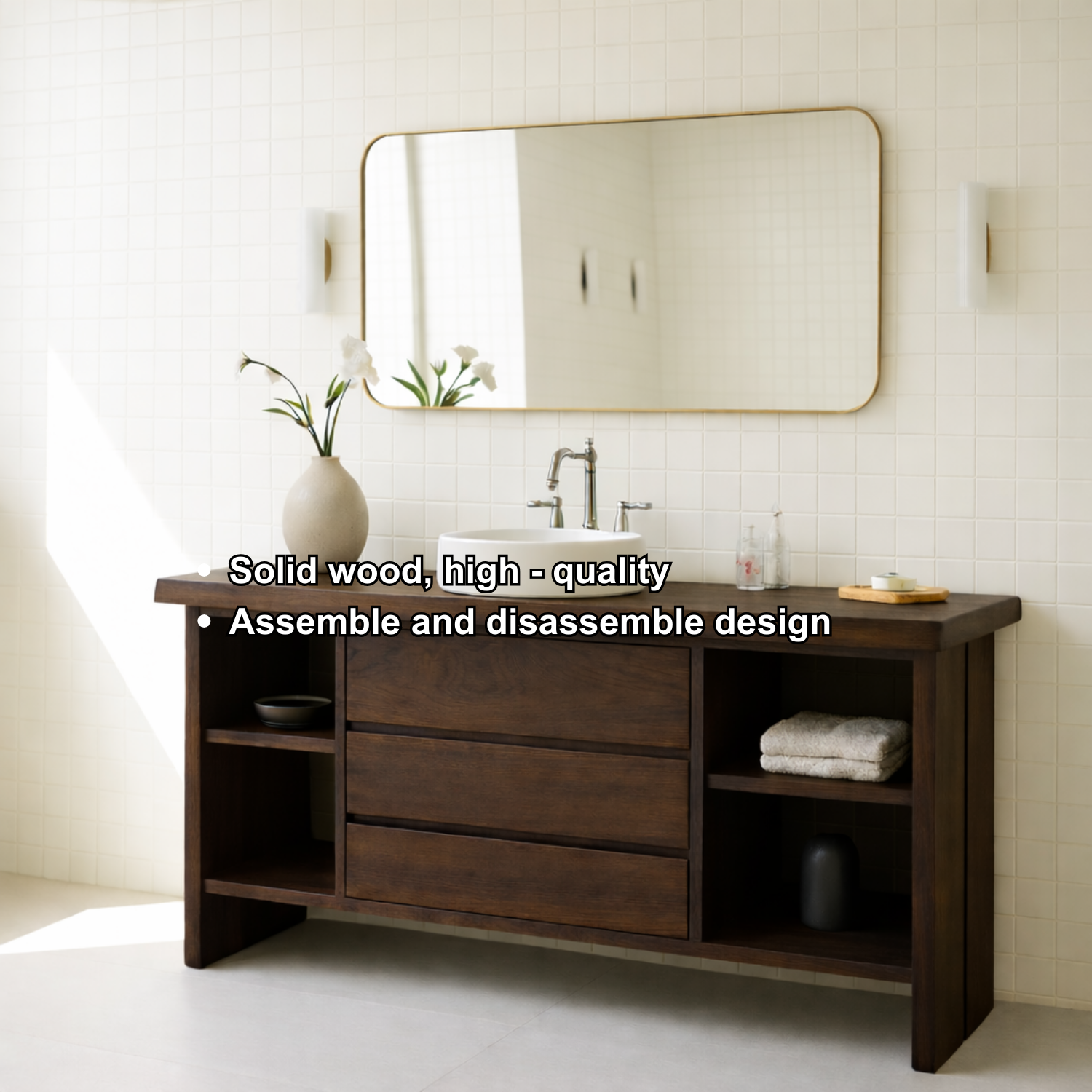 Solid Wood Bathroom Vanity with 3 Drawers & Open Shelf Storage