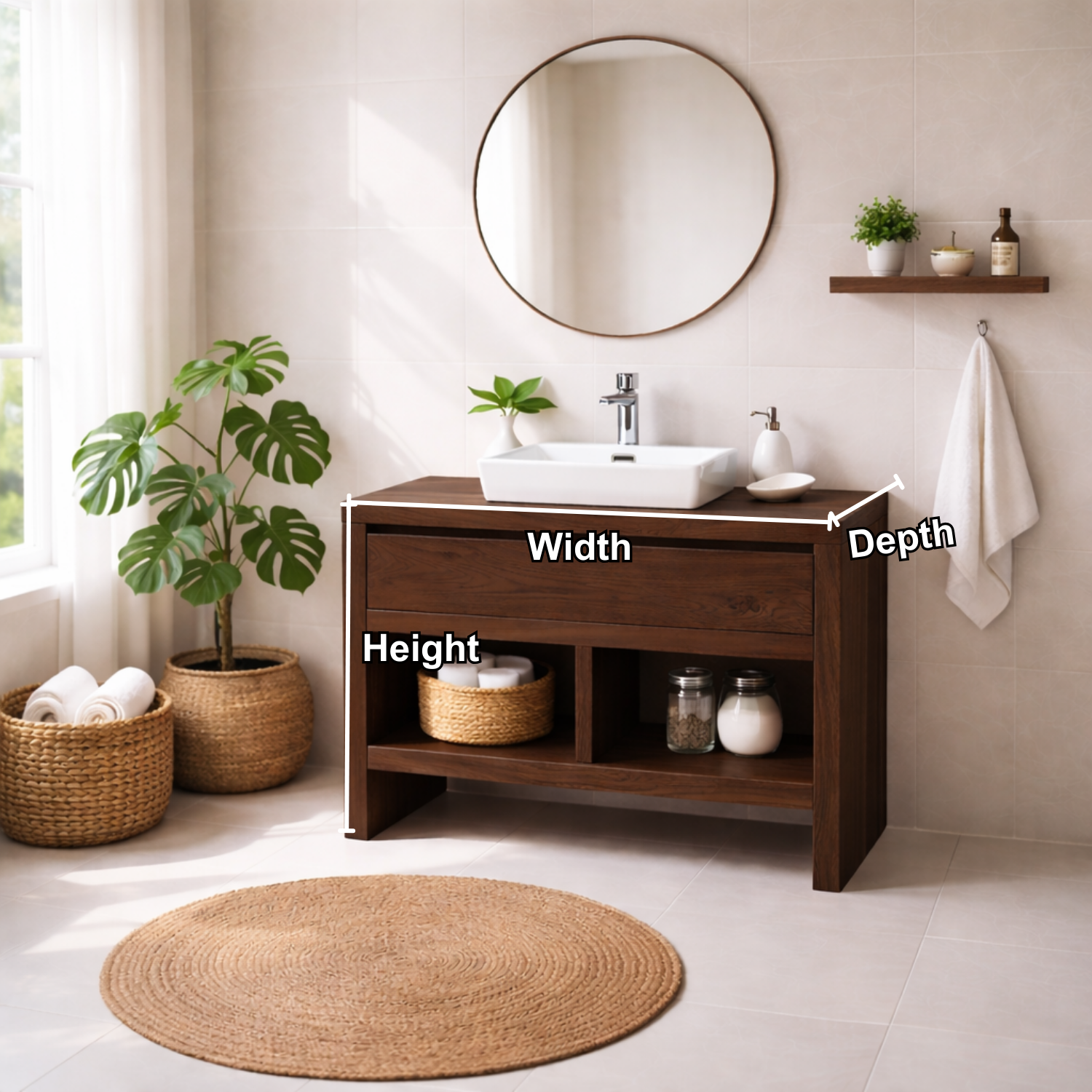 Solid Wood Bathroom Vanity with Drawer & Open Shelf Storage