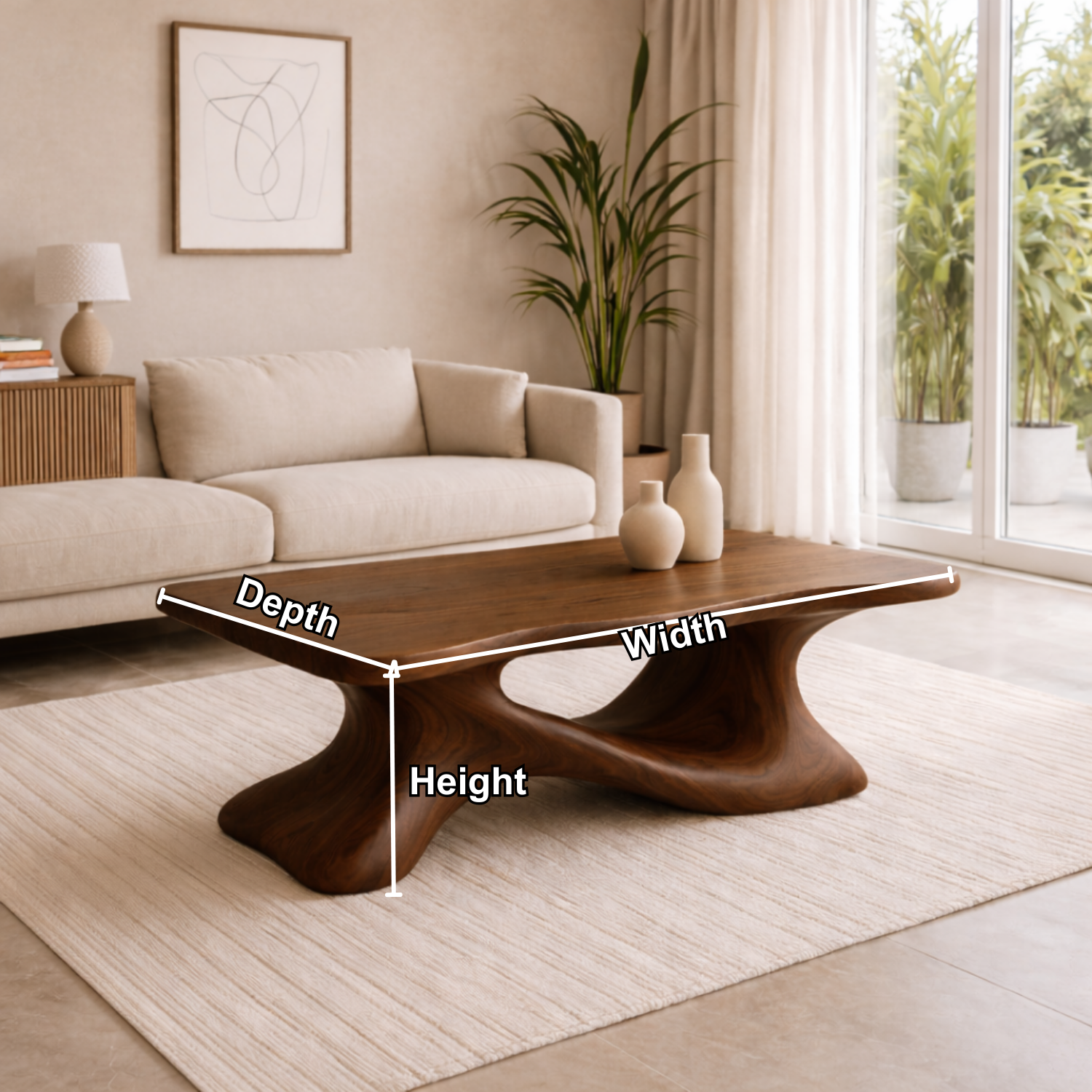 Solid Wood Sculptural Coffee Table with Organic Curved Base – Modern Living Room Table