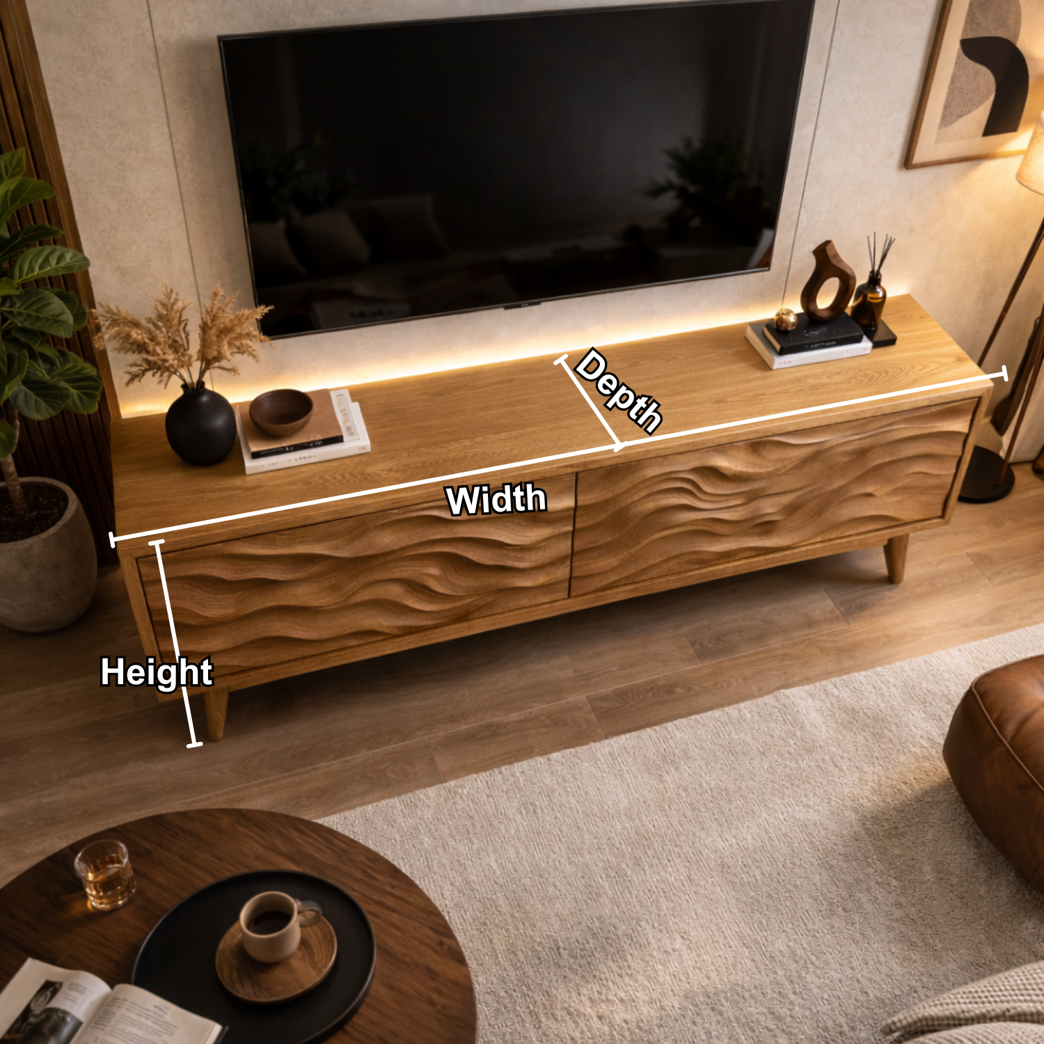 Solid Wood Modern TV Stand with Wave Carved Doors – Low Profile Media Console