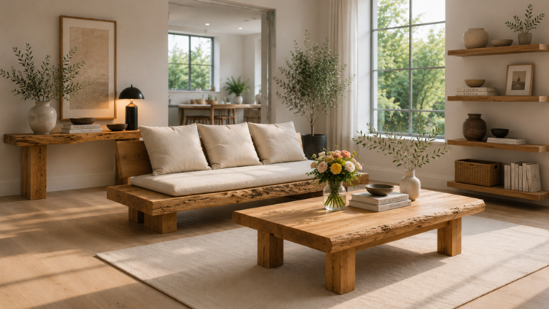 Warm wood living room with cozy organic modern walnut furniture and soft natural sunlight.