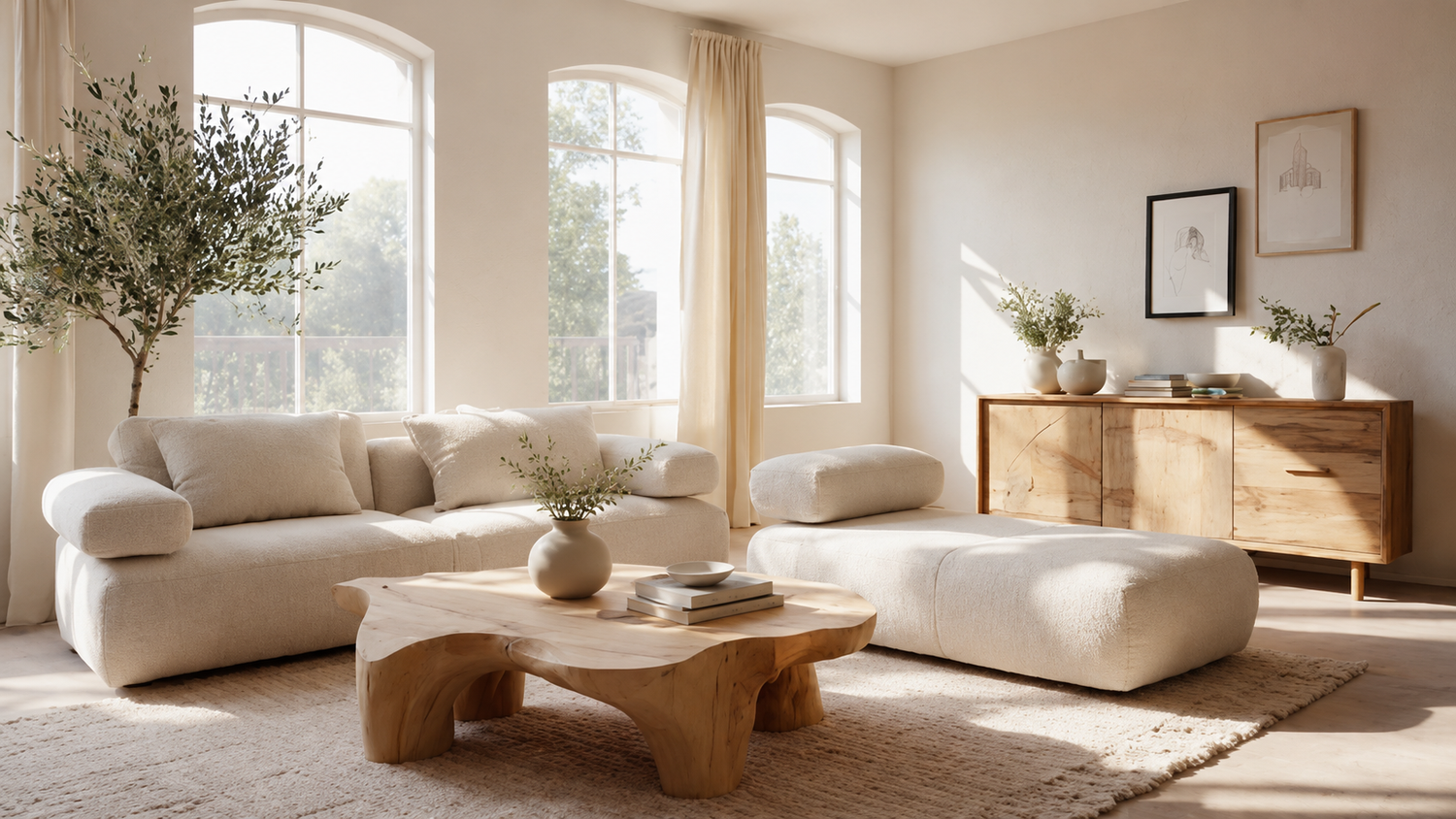 organic modern living room ideas with walnut wood furniture and warm neutral tones