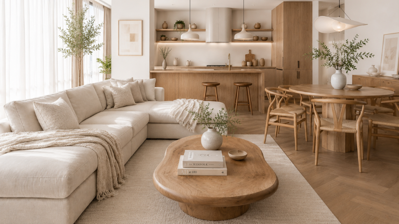 Japandi living room with beige sofa, wooden furniture, warm lighting and minimalist decor
