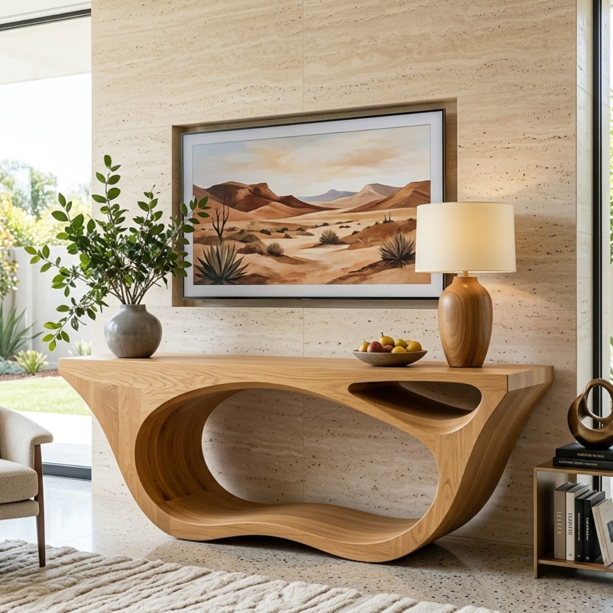 Solid Wood Console Table with Sculpted Open Base, Modern Organic Design