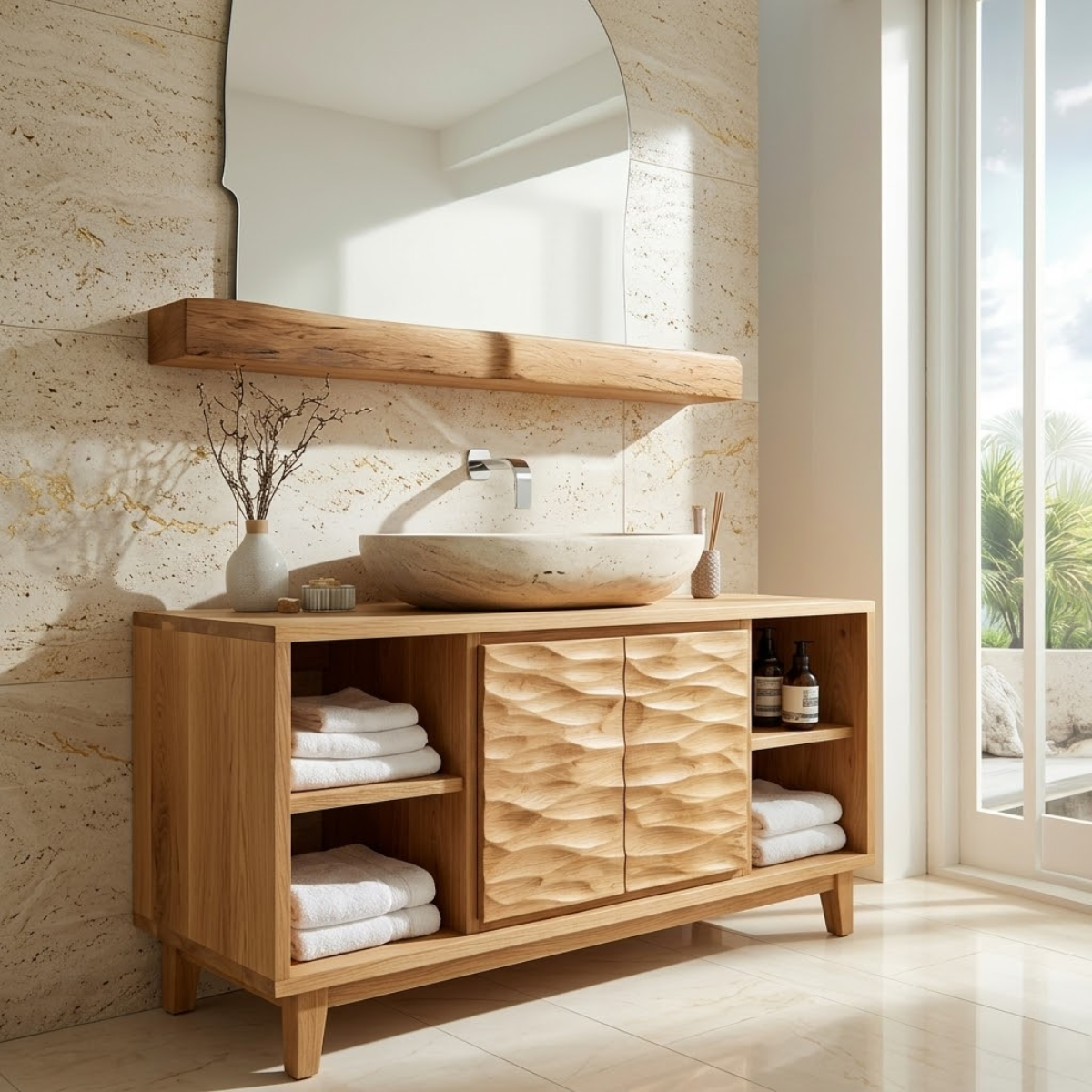 Contemporary Solid Wood Bathroom Vanity with Textured Cabinet Doors and Shelving
