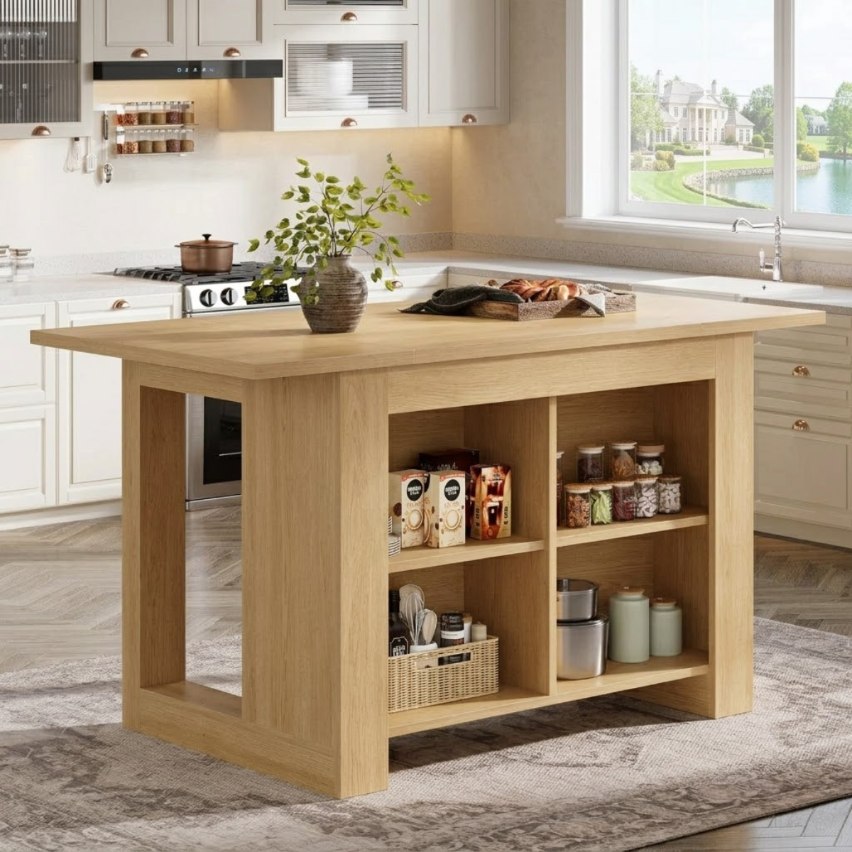 Large Kitchen Island with Open Storage Shelves, Modern Prep Table for Kitchen Dining Space