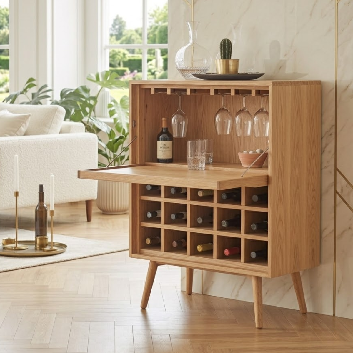Modern Wine Cabinet with Fold Down Bar Shelf and Bottle Storage Rack