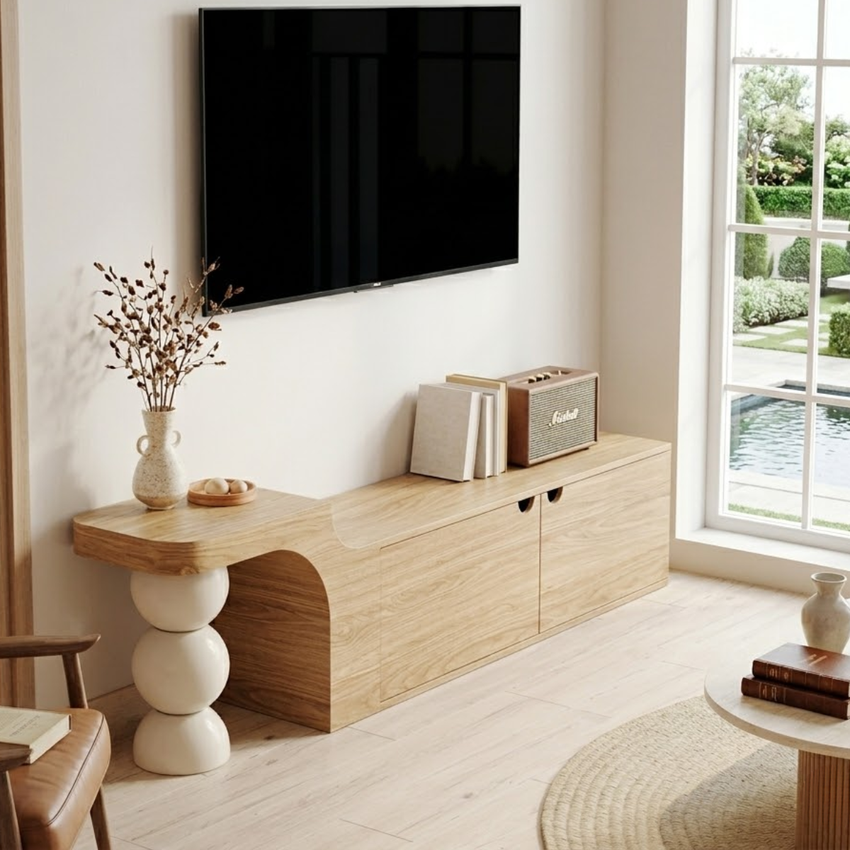 Modern Asymmetrical TV Console, Sculptural Media Cabinet for Elegant Home Interiors