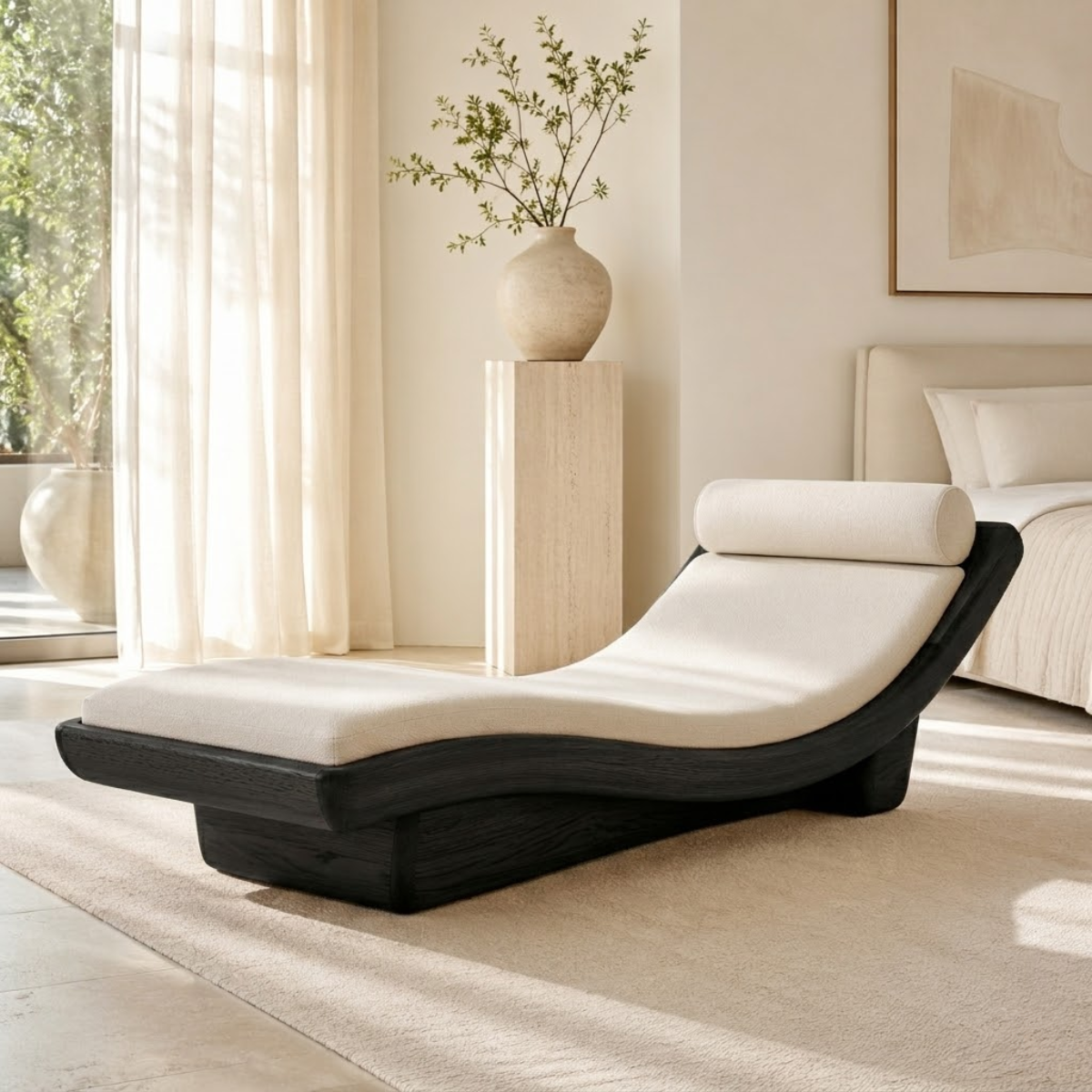 Modern Curved Chaise Lounge Daybed with Cushion and Bolster for Bedroom Decor