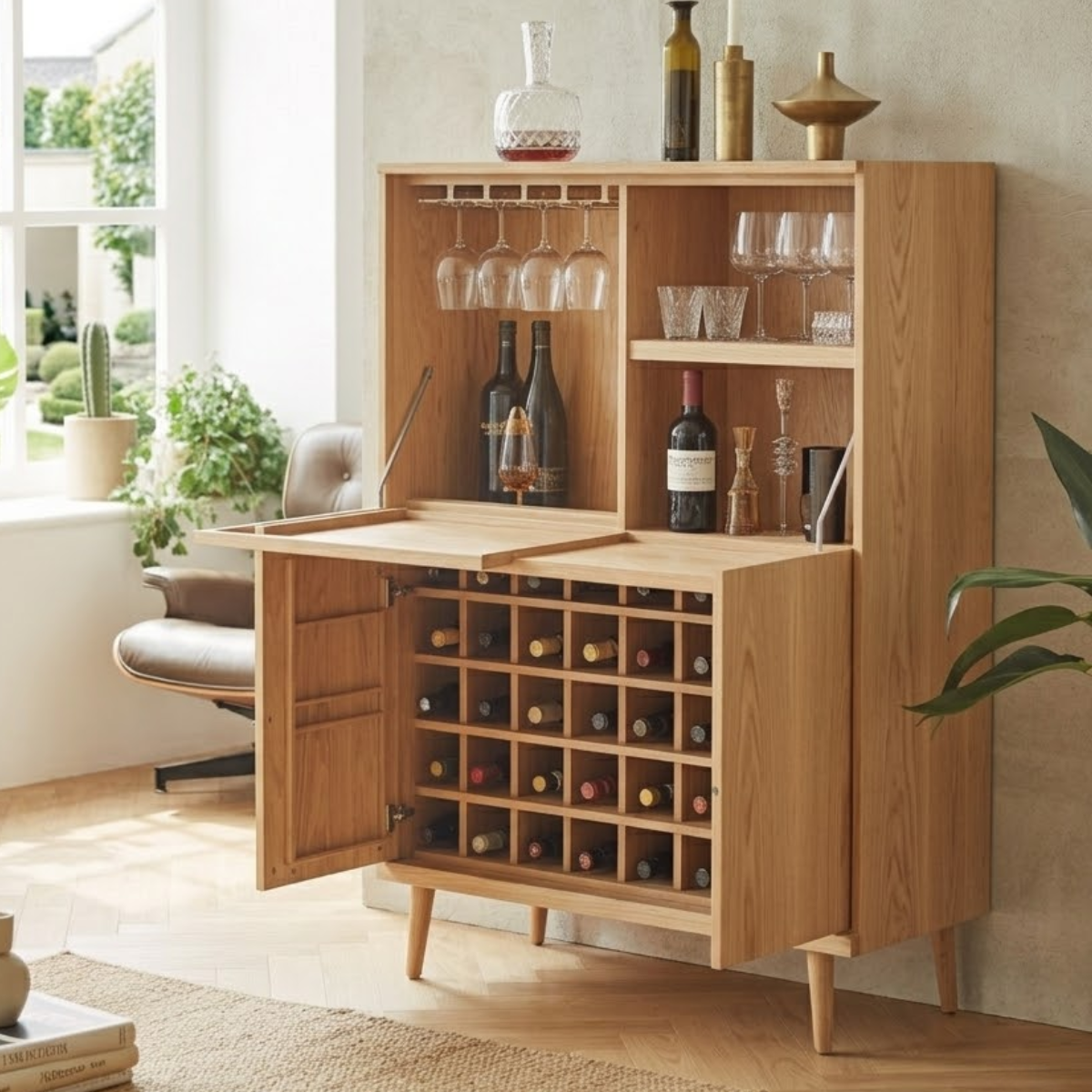 Modern Wine Bar Cabinet with Fold Down Shelves and Large Bottle Storage