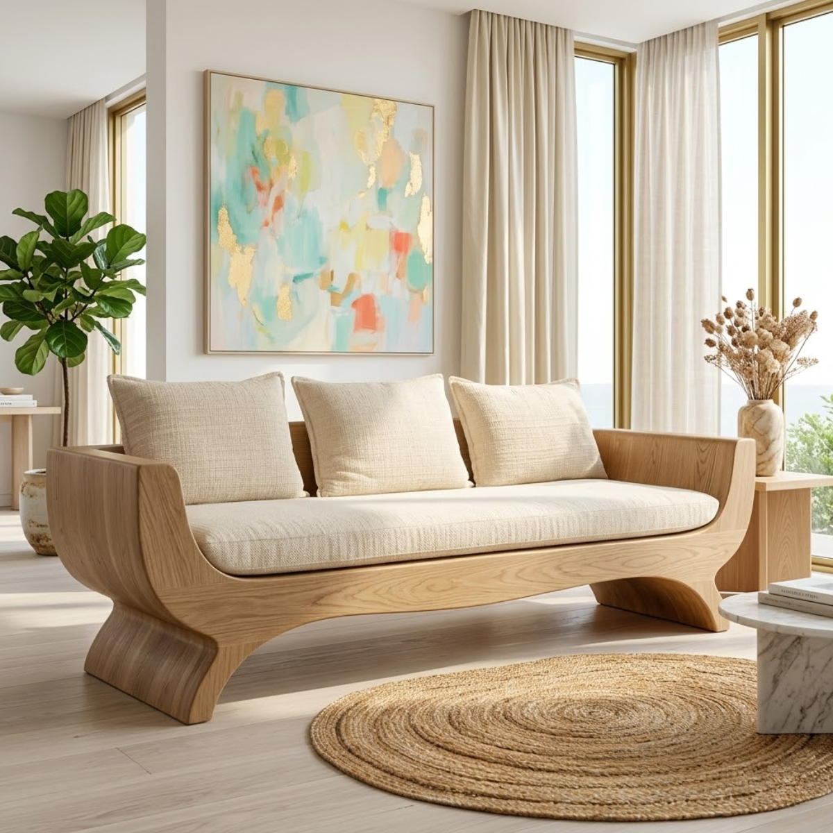 Modern Upholstered Curved Sofa, Sculptural Accent Seating for Elegant Home Interiors
