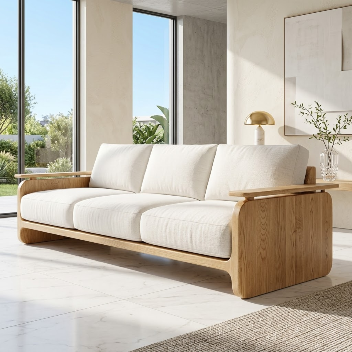 Modern Solid Wood Sofa with White Fabric Cushions Minimalist Japandi Living Room Couch