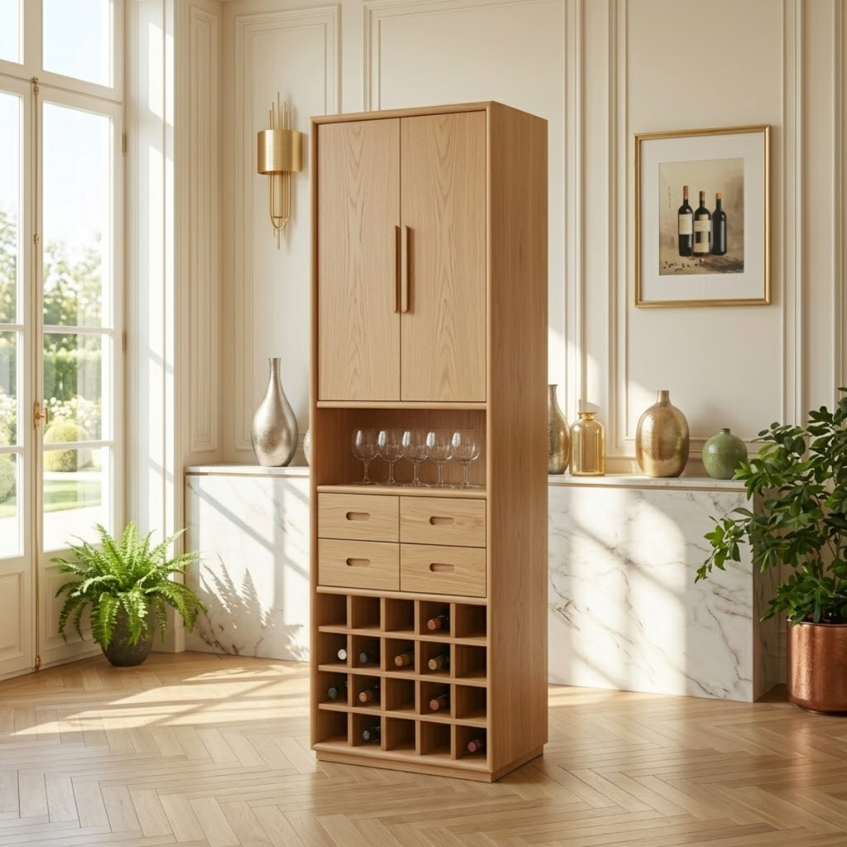 Modern Wine Cabinet with Glass Display, Drawers and Built-In Bottle Rack Storage