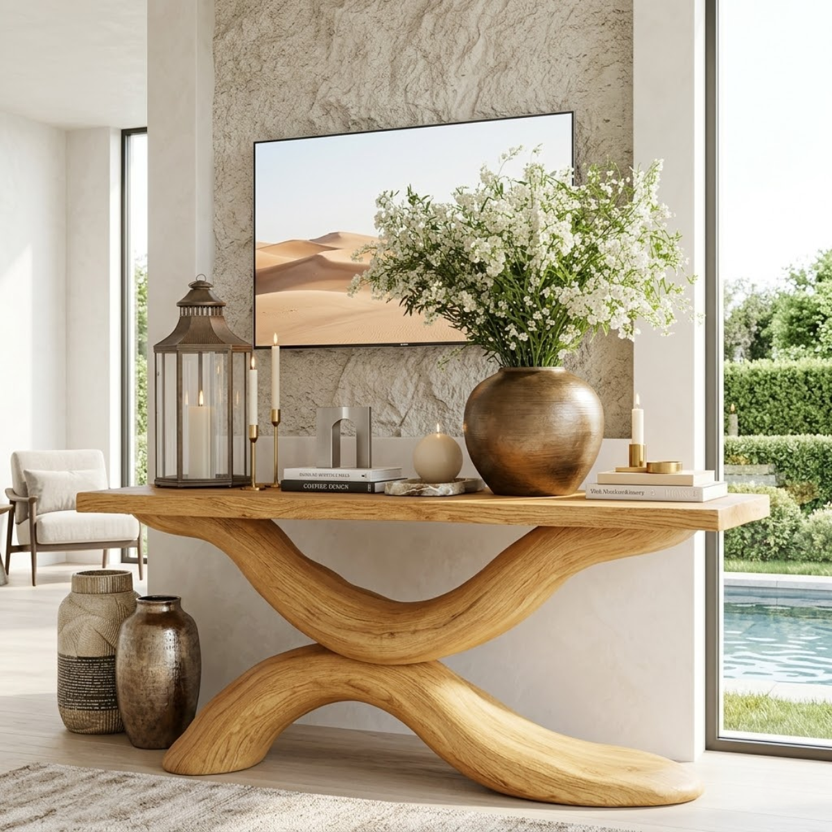 Solid Wood Console Table with Sculpted Curved Base, Modern Elegant Design