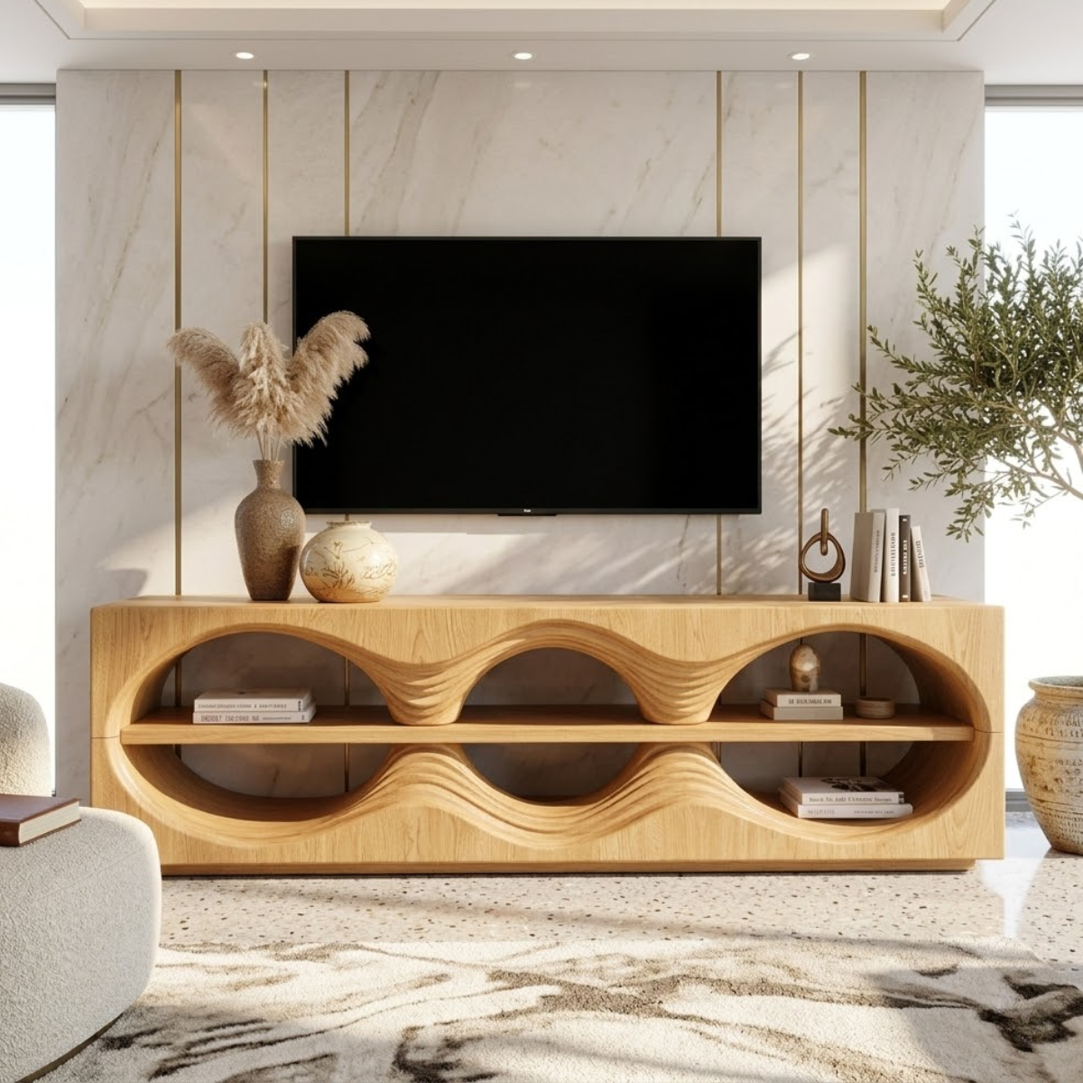 Sculptural Wave TV Console, Modern Entertainment Stand for Elegant Home Interiors