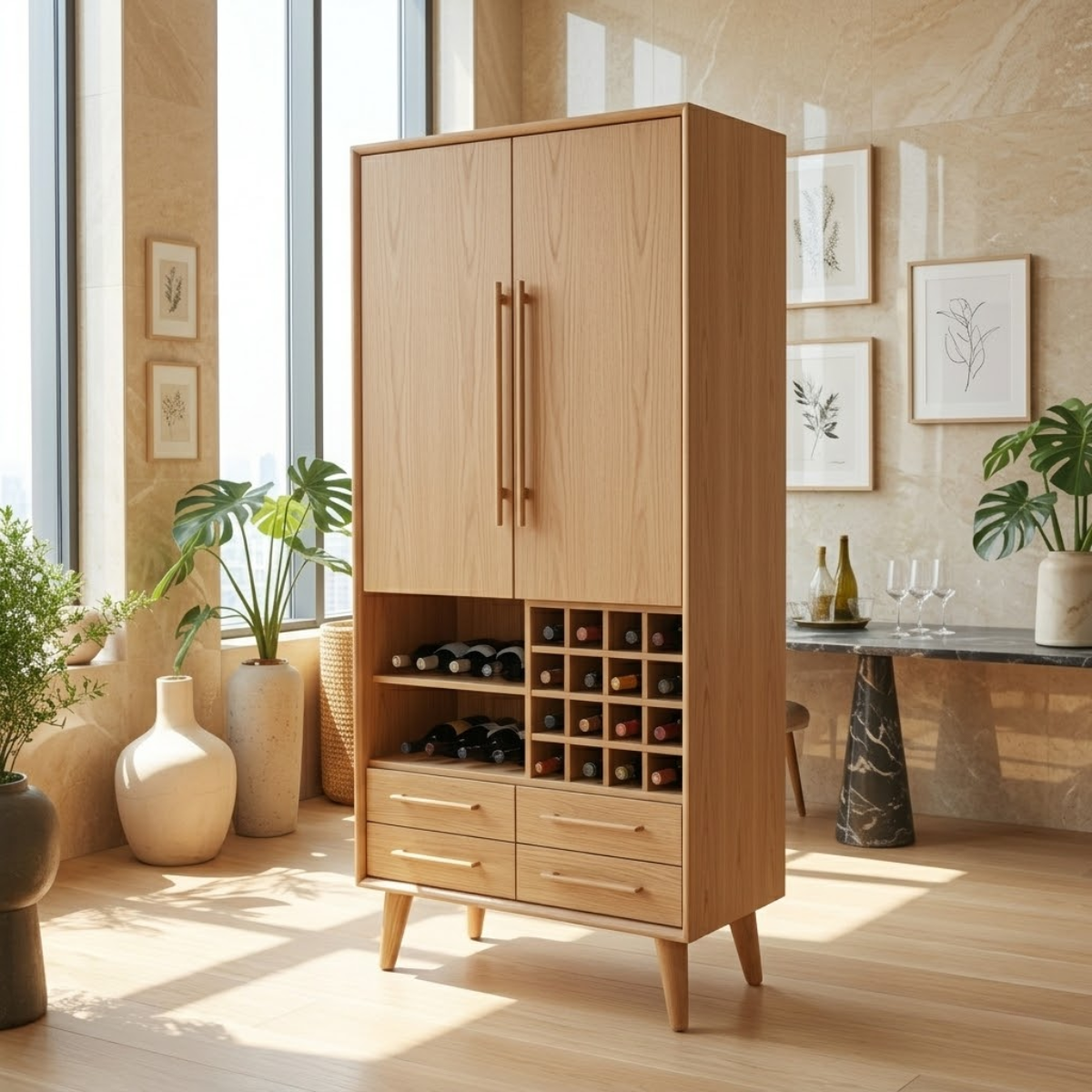 Modern Wine Cabinet with Bottle Rack, Drawers and Tall Concealed Bar Storage