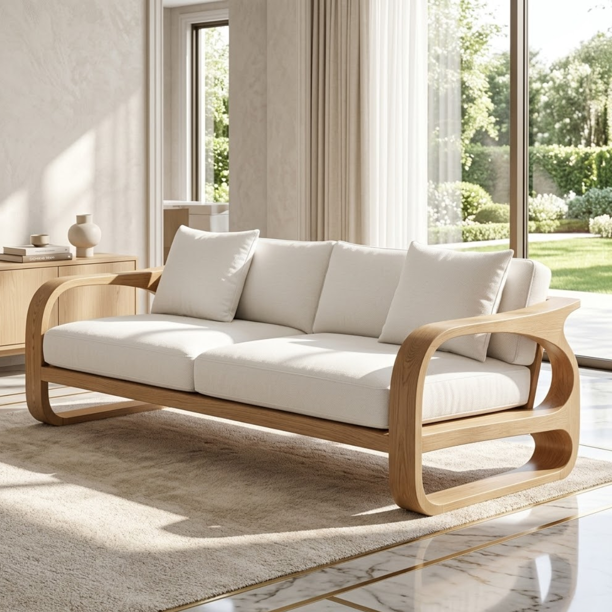 Modern Sculptural Solid Wood Sofa with White Fabric Cushions Luxury Scandi Couch