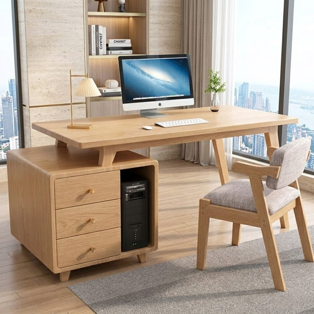 Modern Writing Desk with Drawers and CPU Storage, Home Office Computer Table