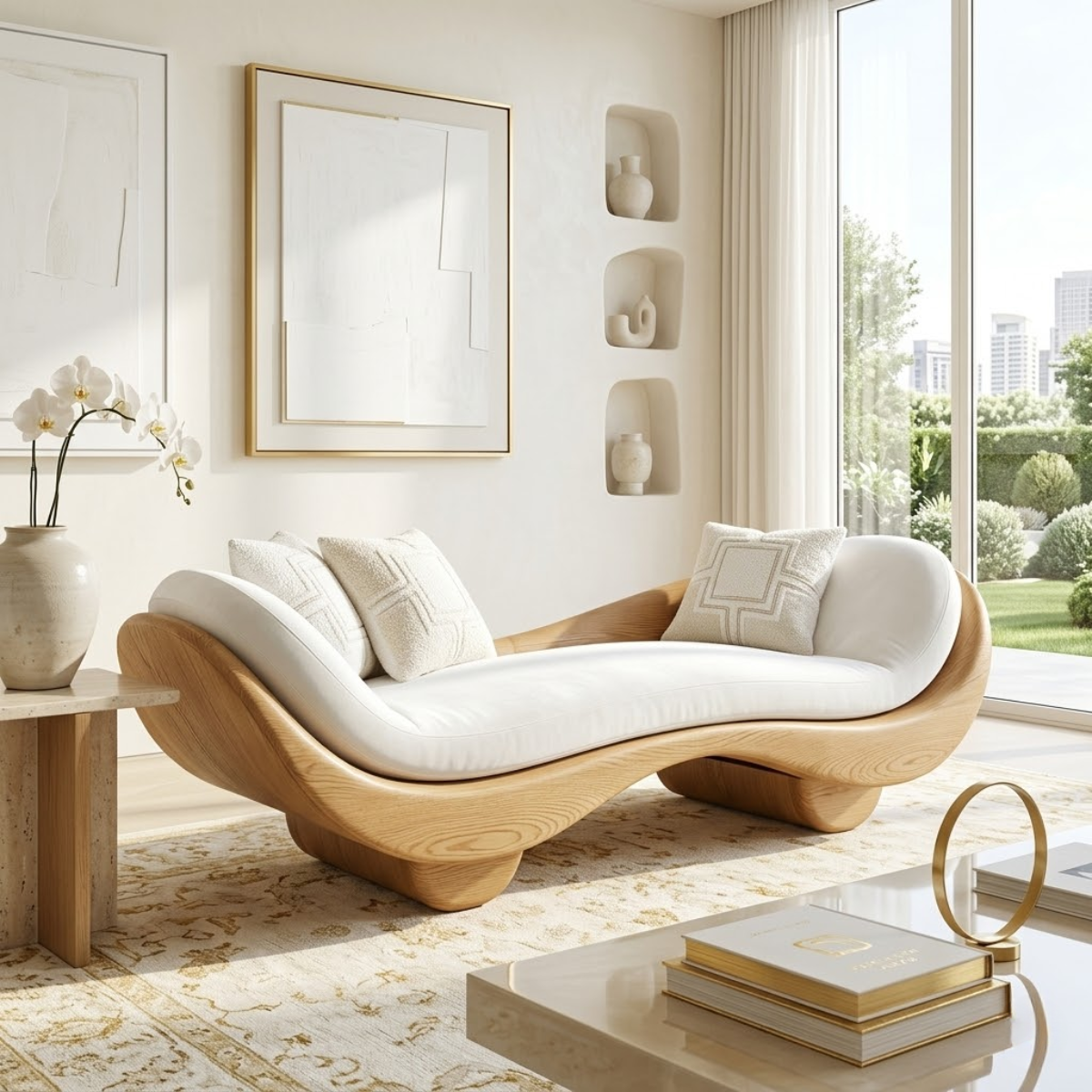 Organic Modern Wooden Chaise Lounge, Sculptural Minimalist Sofa with Cream Cushion