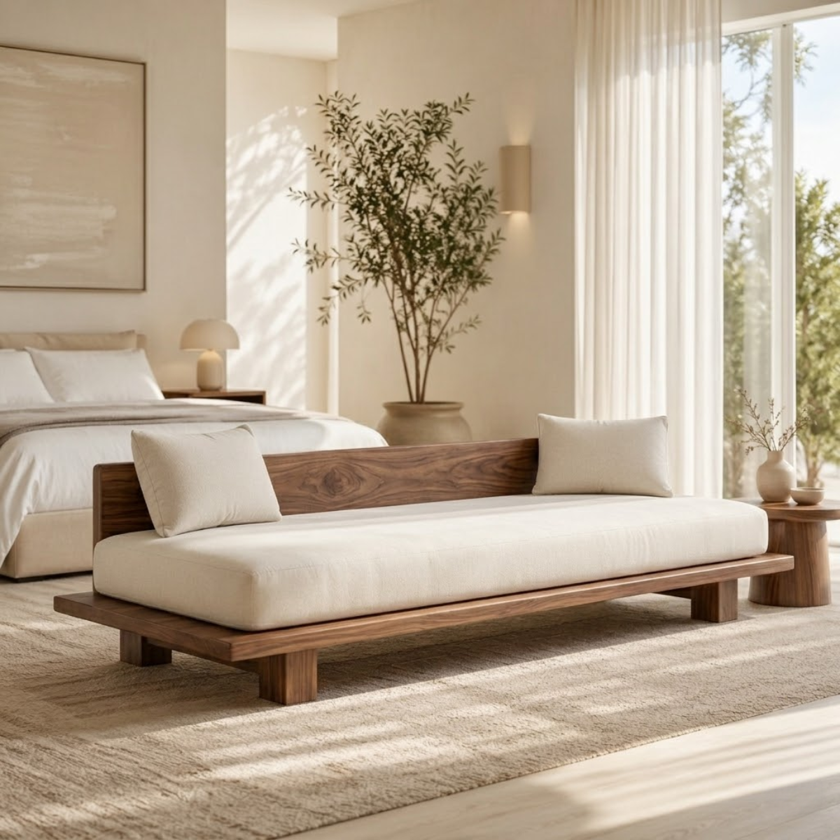 Modern Daybed Sofa with Backrest Minimal Upholstered Bench for Bedroom Decor