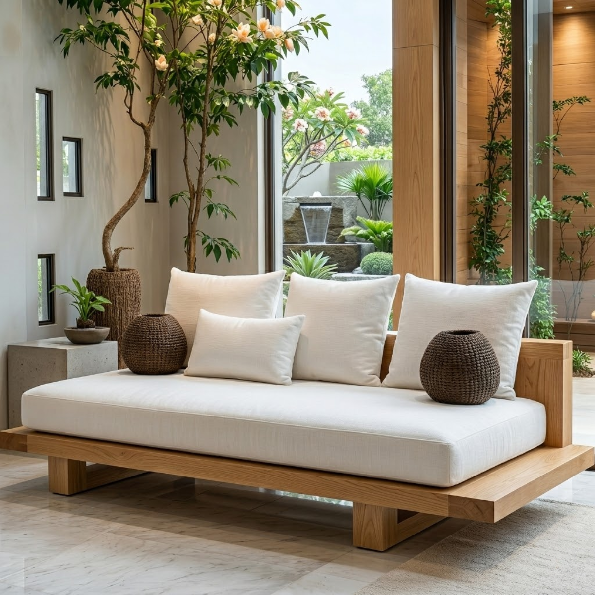 Modern Minimalist Solid Wood Daybed Sofa with White Linen Cushions Zen Style Couch