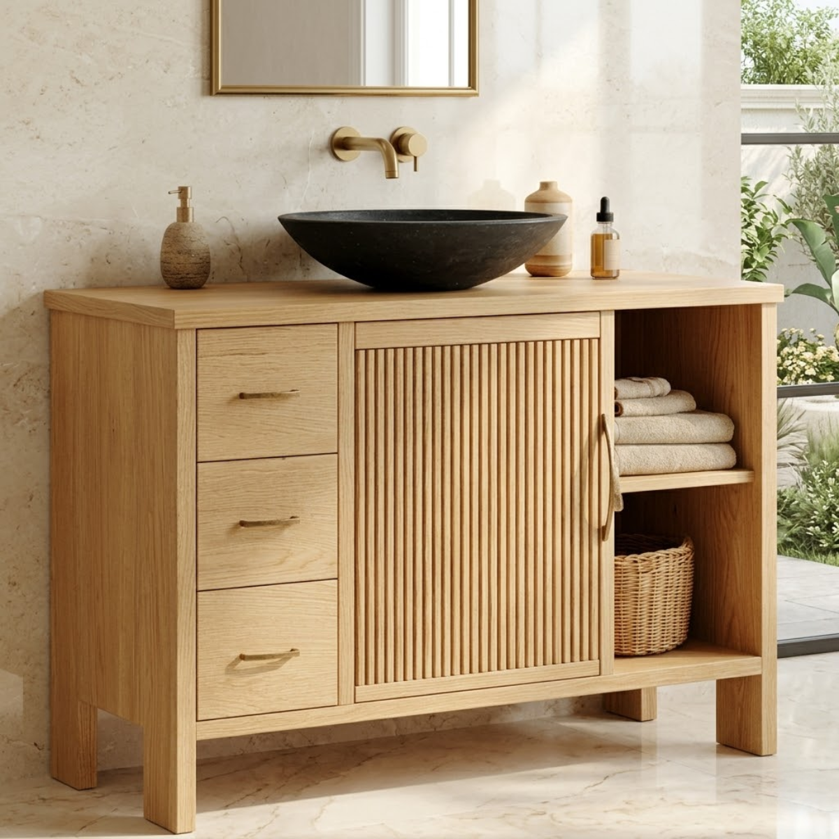 Modern Solid Wood Bathroom Vanity with Fluted Door, Drawers and Open Shelf Storage