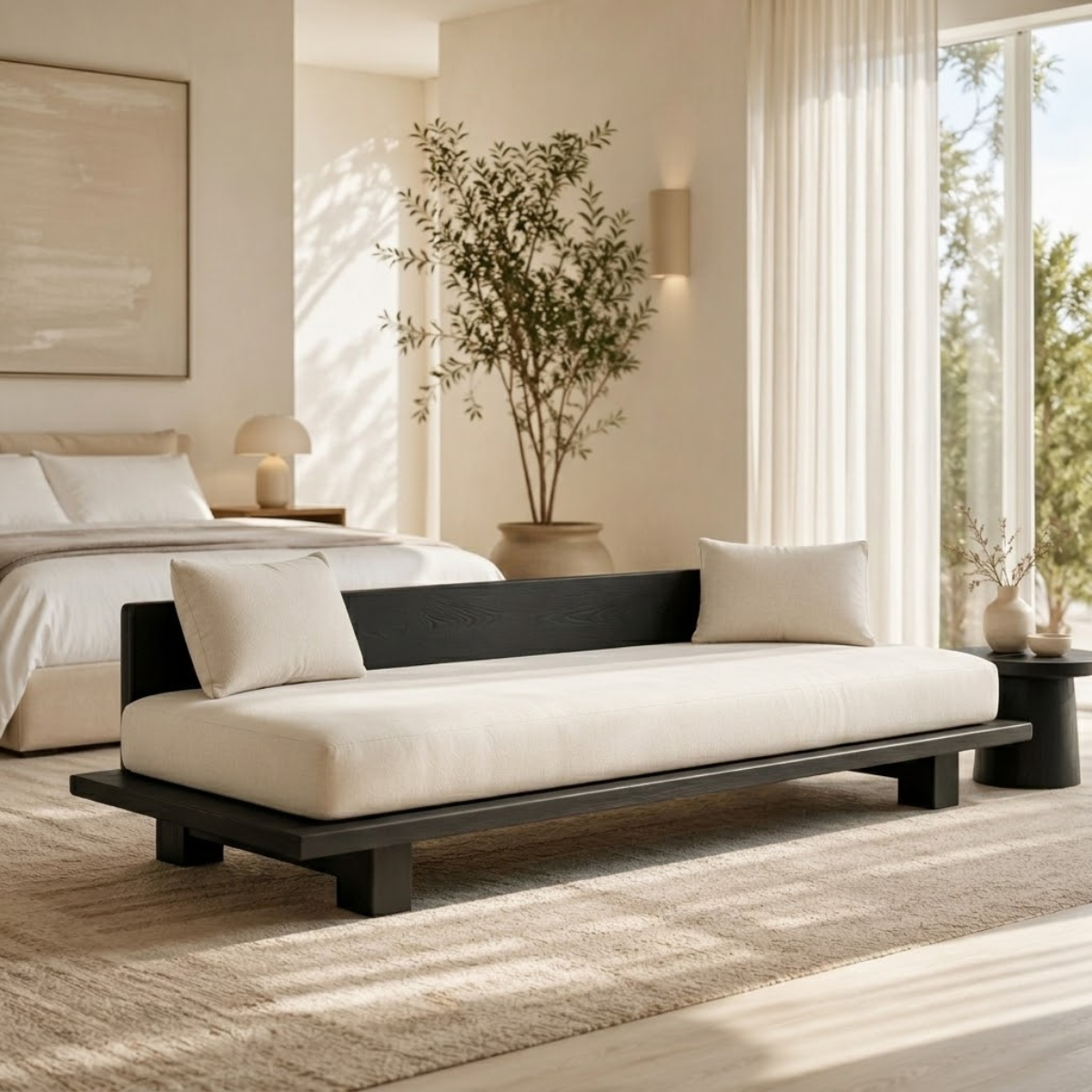 Modern Daybed Sofa with Backrest Minimal Upholstered Bench for Bedroom Decor