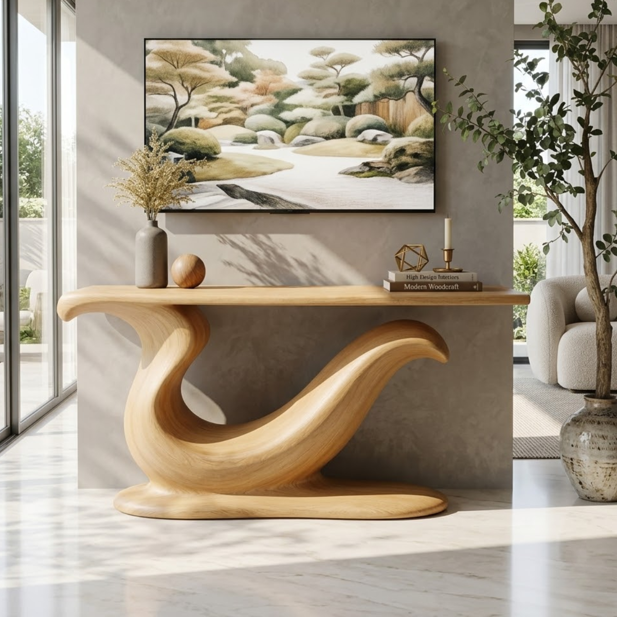 Solid Wood Console Table with Sculpted Curved Base, Modern Artistic Design