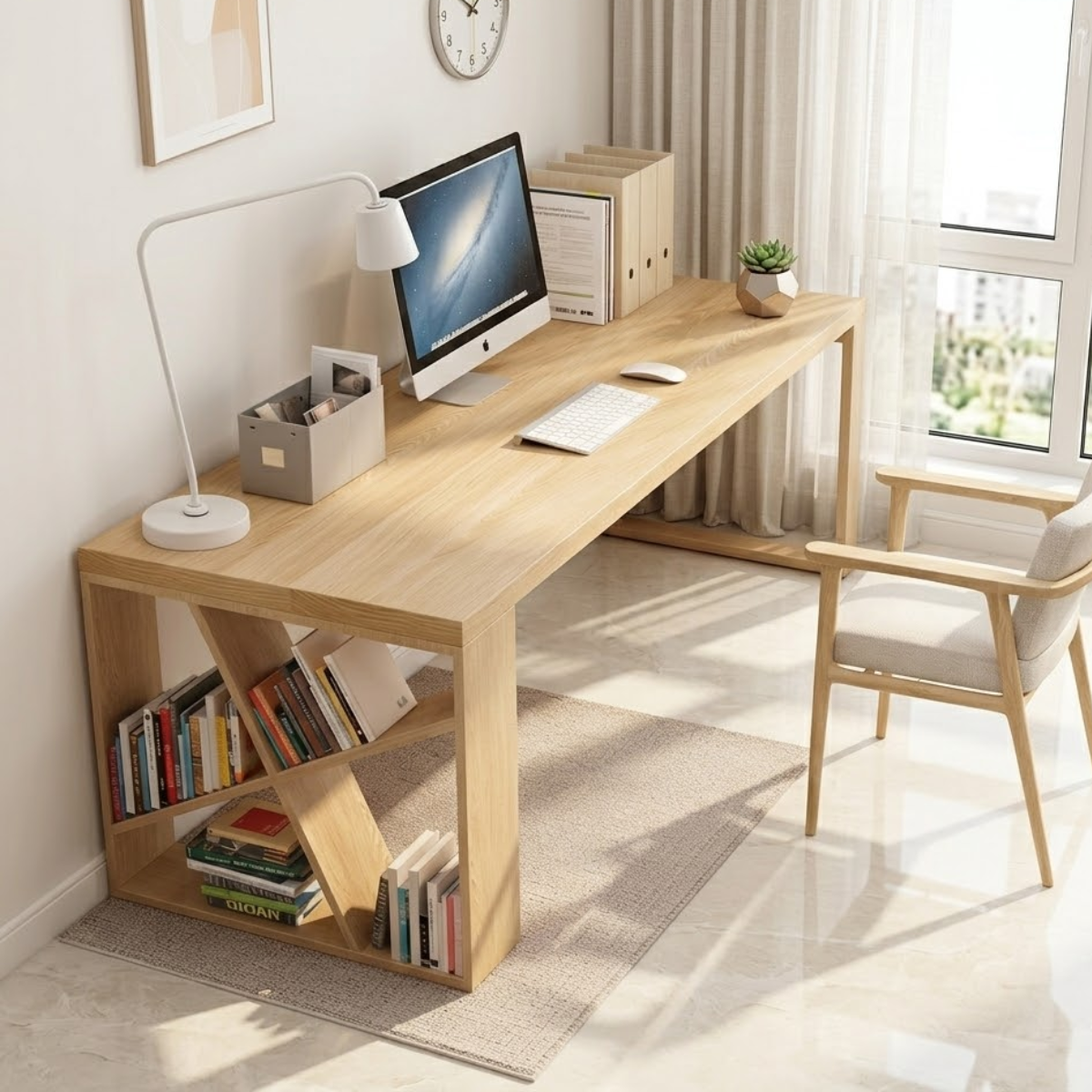 Modern Writing Desk with Bookshelf Base, Long Minimalist Home Office Workstation Table