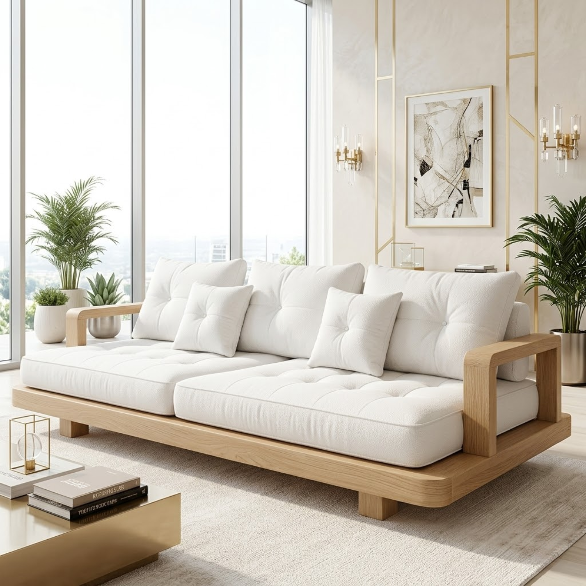 Modern Minimalist Solid Wood Sofa with White Tufted Cushions Zen Living Room Couch