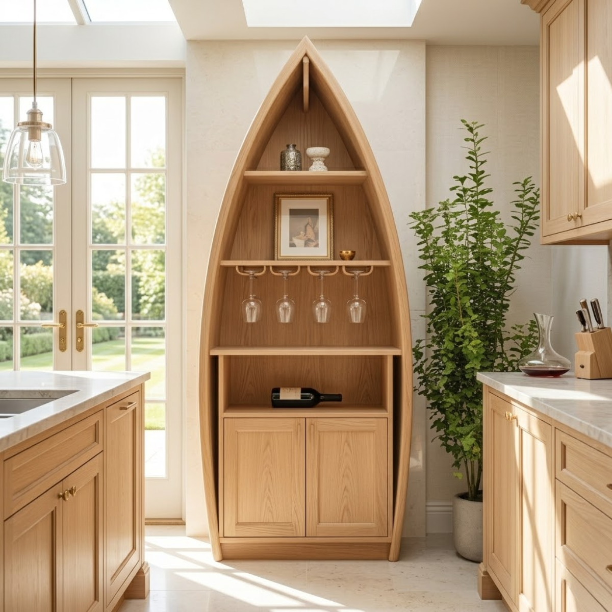 Modern Boat Shaped Bar Cabinet with Glass Rack and Concealed Storage Doors