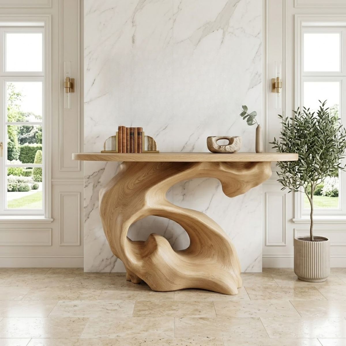 Solid Wood Console Table with Sculpted Organic Base, Artistic Modern Design