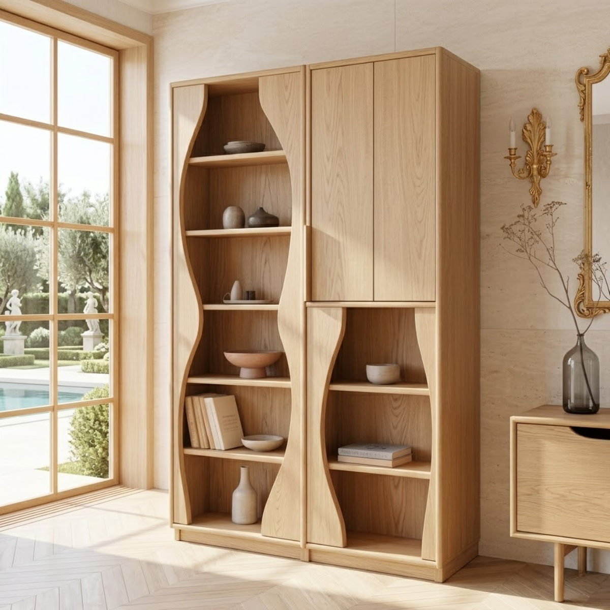 Modern Display Cabinet with Wavy Open Shelves and Tall Concealed Storage