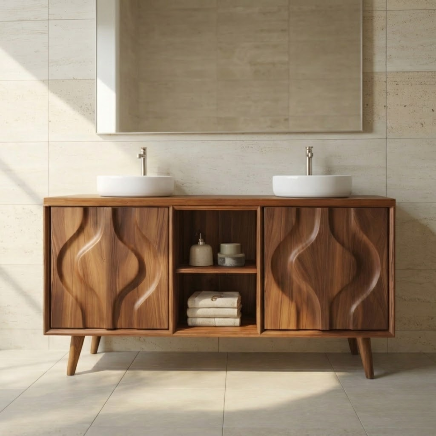 Mid-Century Solid Wood Double Bathroom Vanity Cabinet with Sculpted Wave Doors and Open Shelf