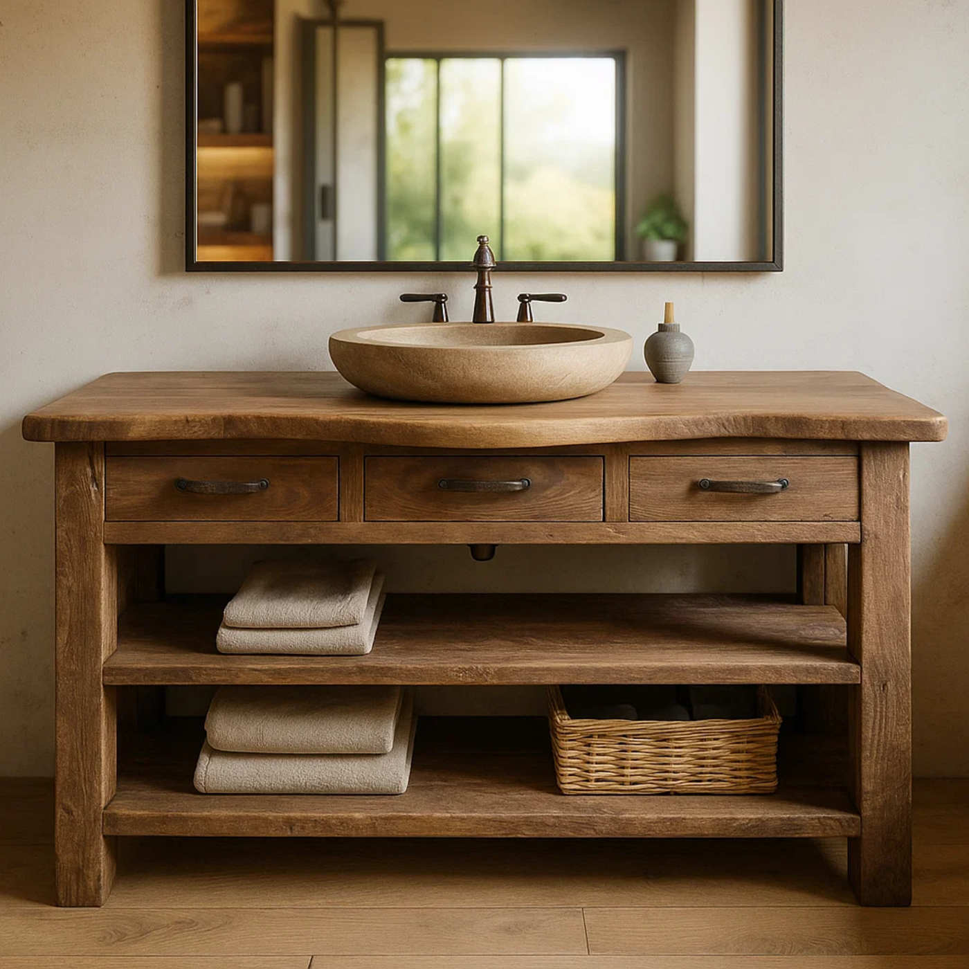 Solid Wood Bathroom Vanity with Three Drawers and Double Open Shelving