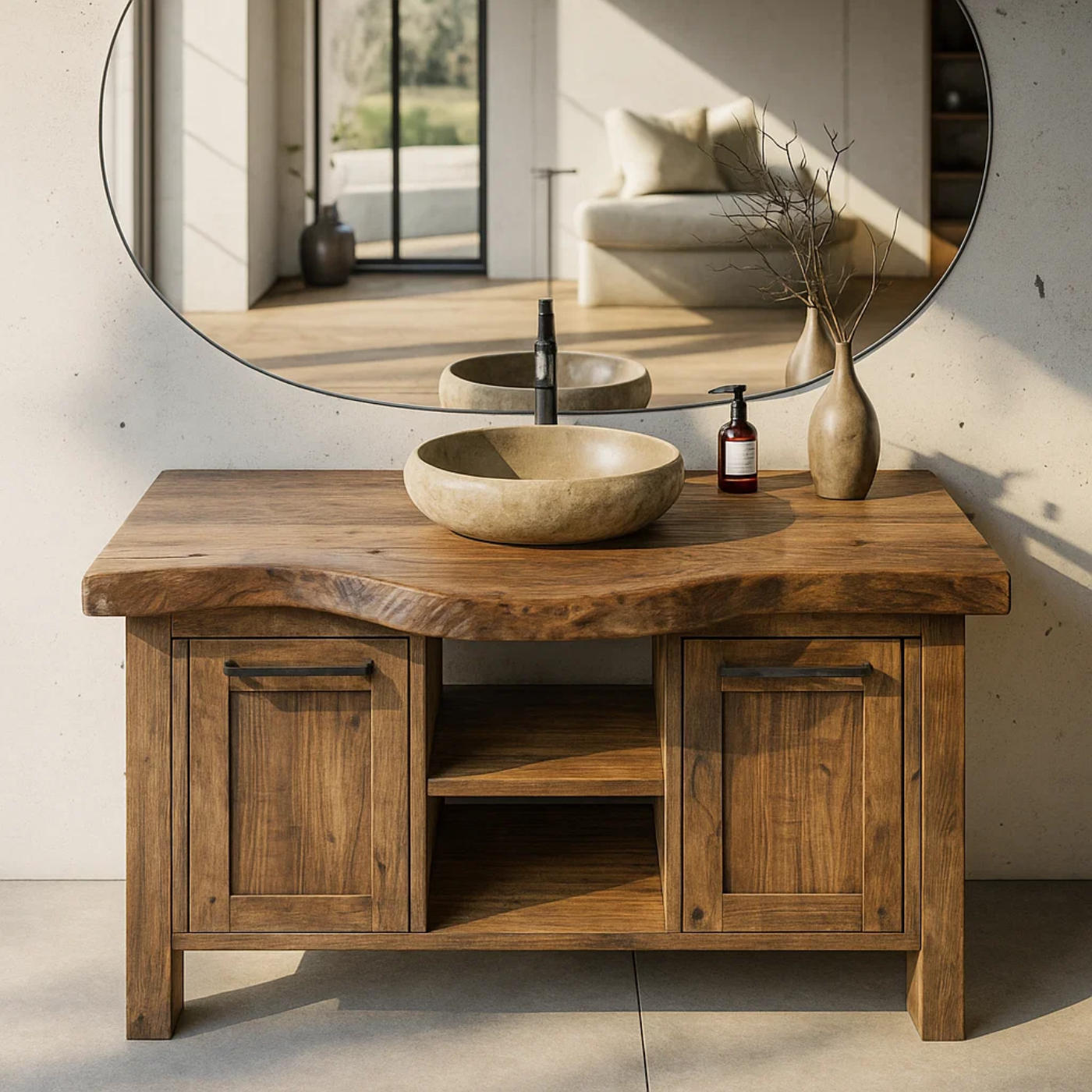 Solid Wood Bathroom Vanity with Double Door Cabinets and Open Center Shelf