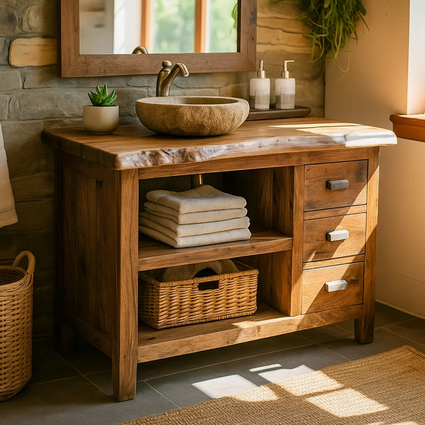 Rustic Solid Wood Live Edge Bathroom Vanity with Open Shelf and Three Drawers