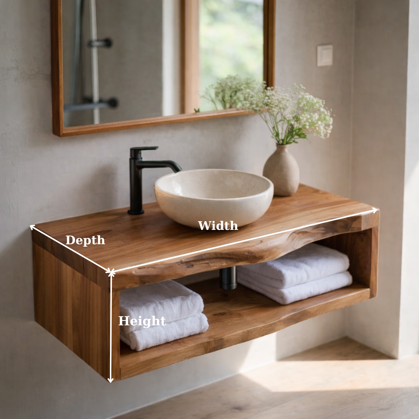 Live Edge Floating Bathroom Vanity, Solid Wood Wall Mounted Vanity Shelf with Storage